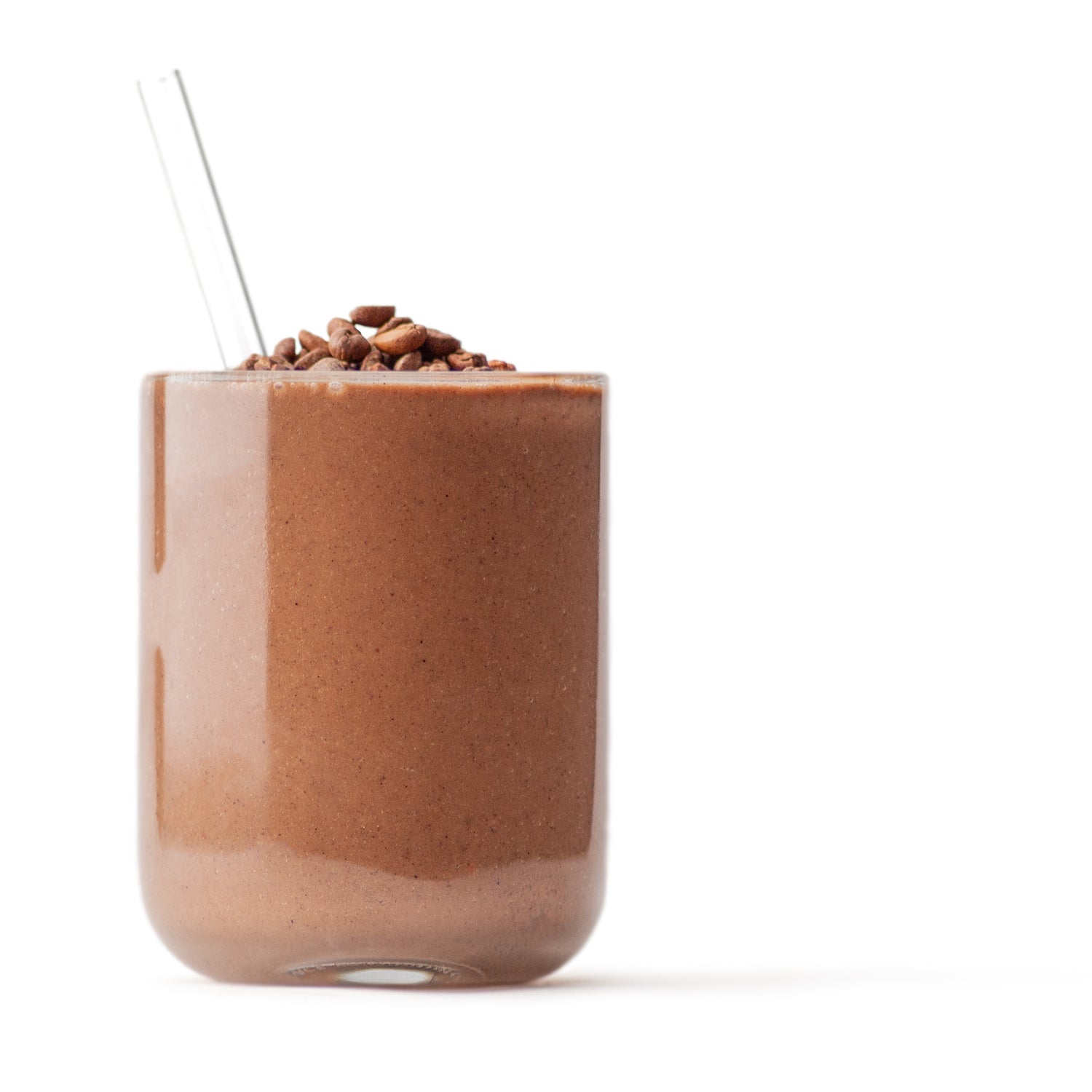 chocolate espresso smoothie in clear glass with glass straw
