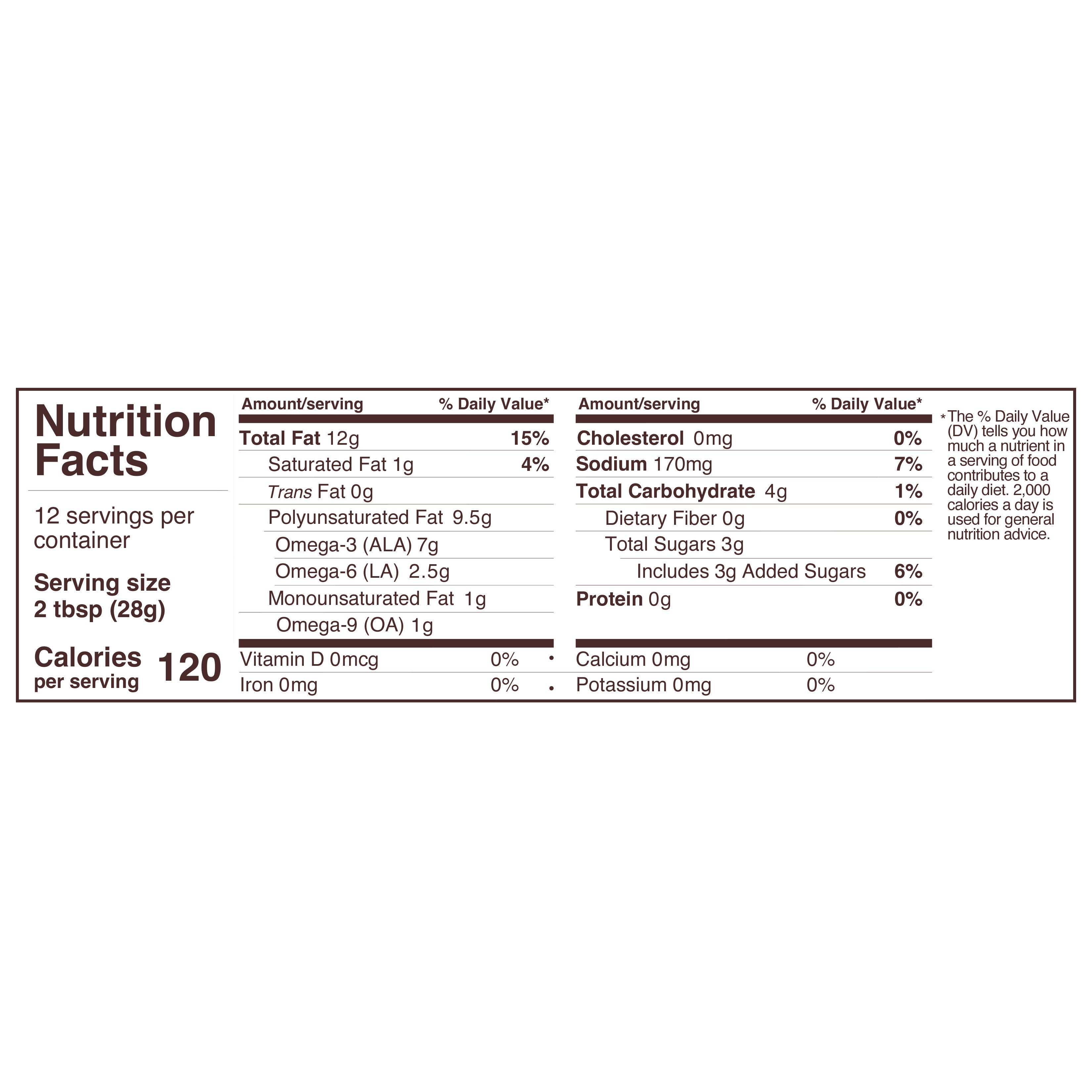 12oz honey-less mustard dressing in glass bottle nutritional label