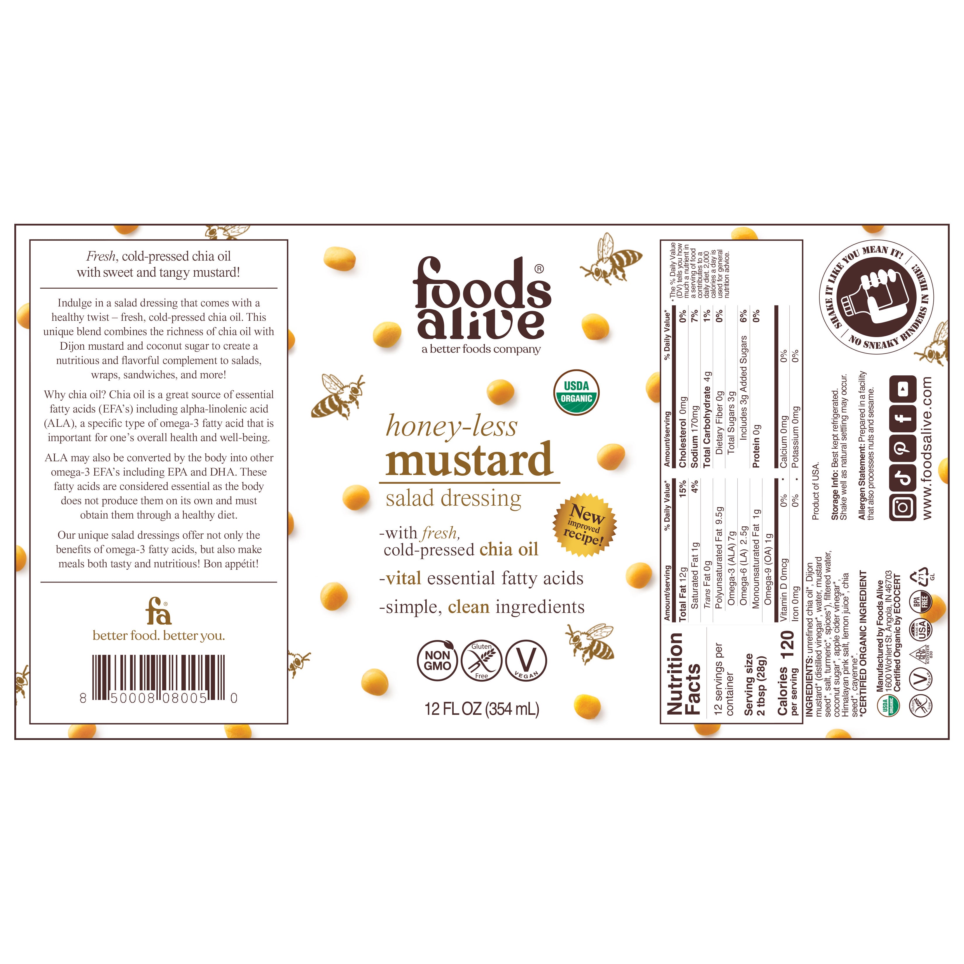 12oz honey-less mustard dressing in glass bottle label