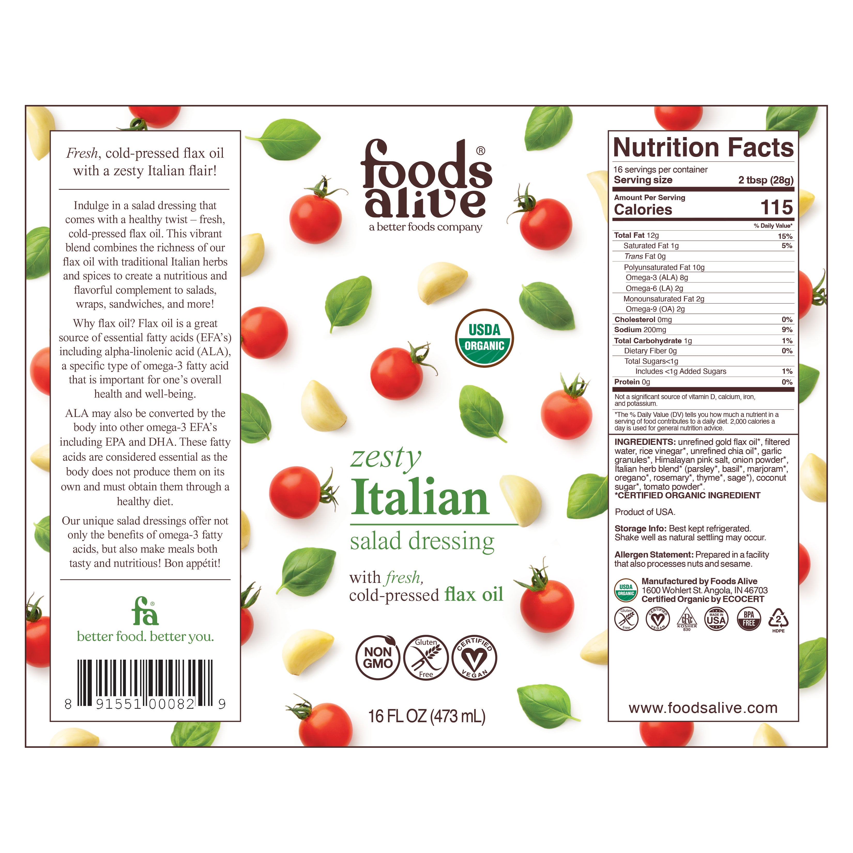 Organic Zesty Italian Salad Dressing Label - 16oz