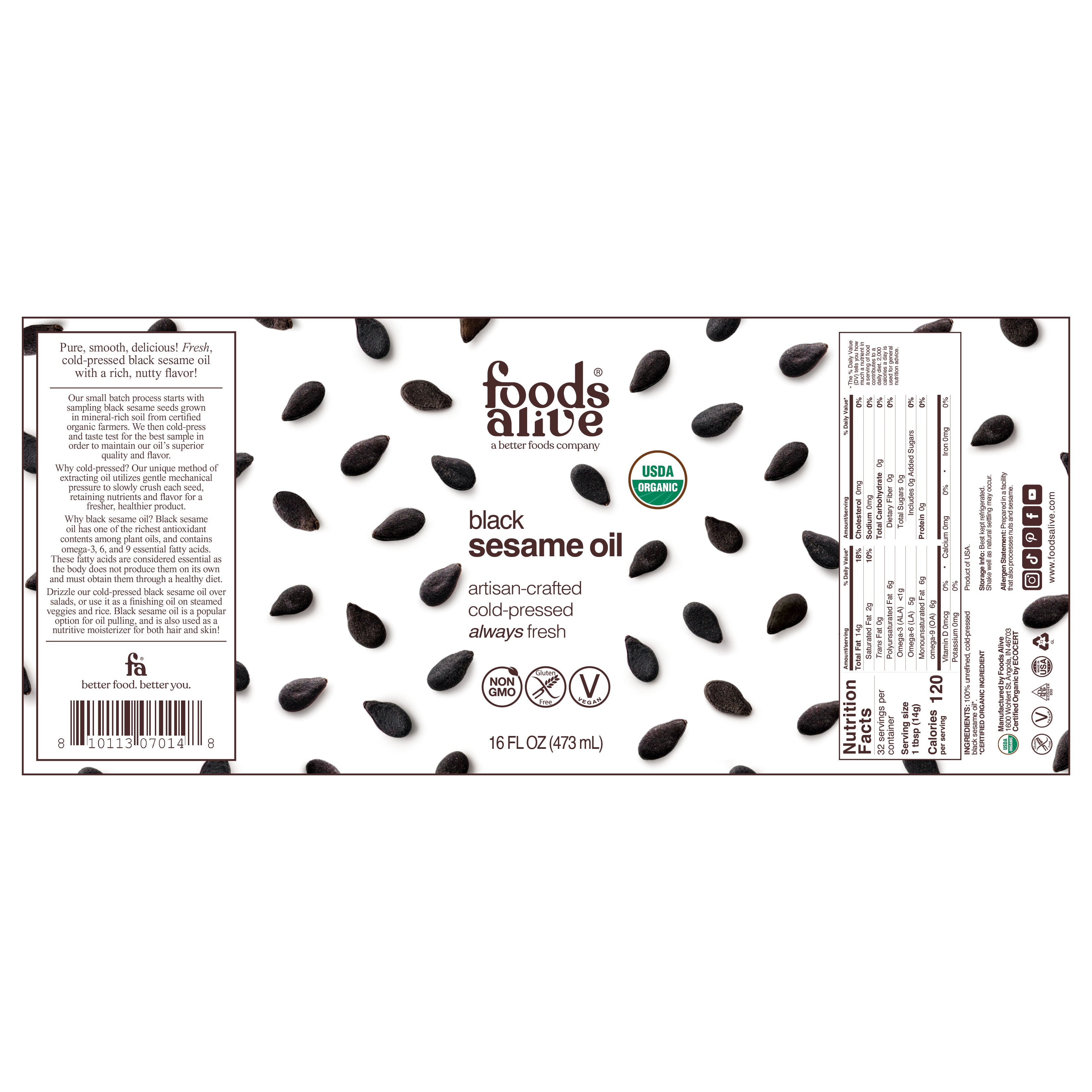 Organic Cold-Pressed Black Sesame Seed Oil 16oz Glass Bottle label - Foods Alive,