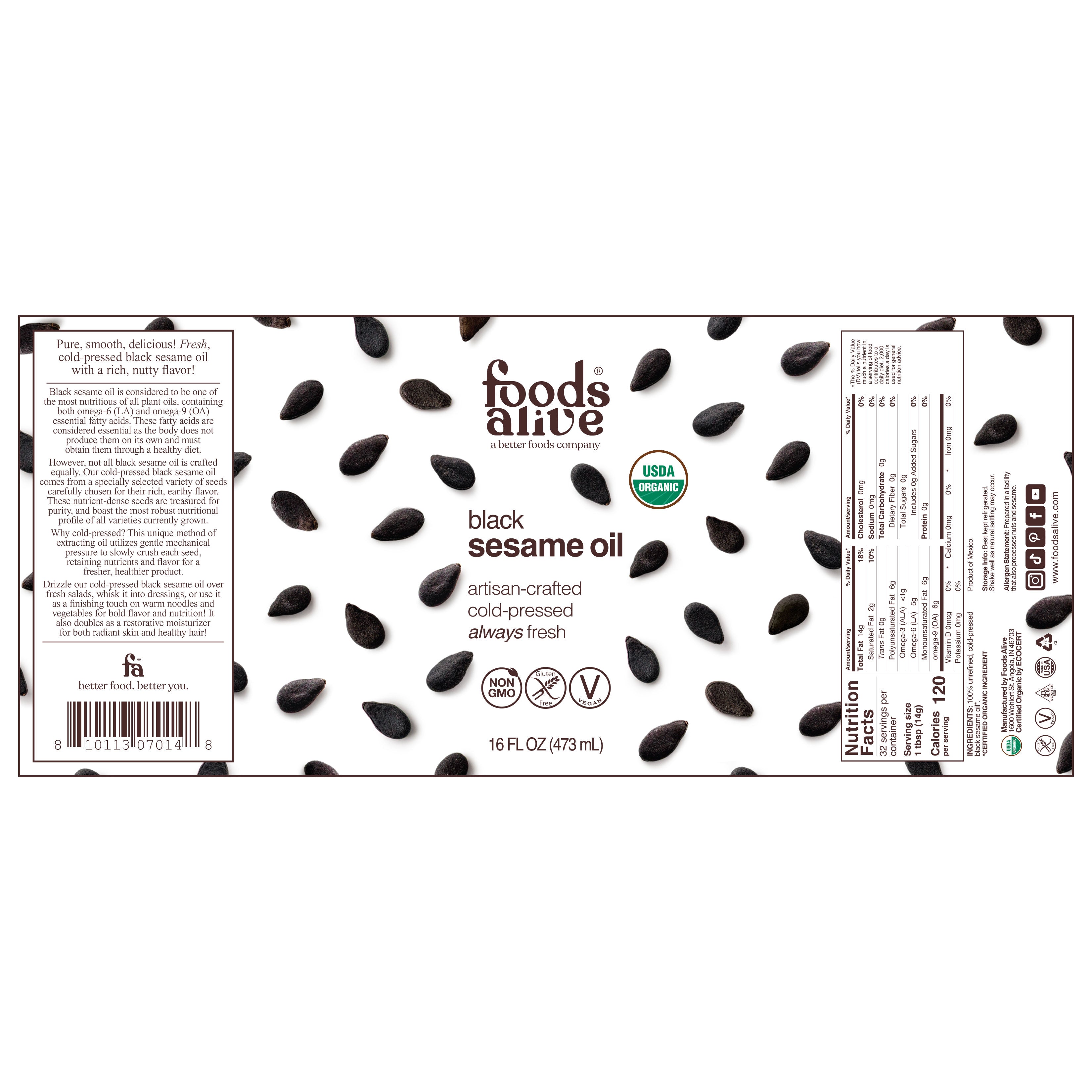 Organic Cold-Pressed Black Sesame Seed Oil 16oz Glass Bottle label - Foods Alive,