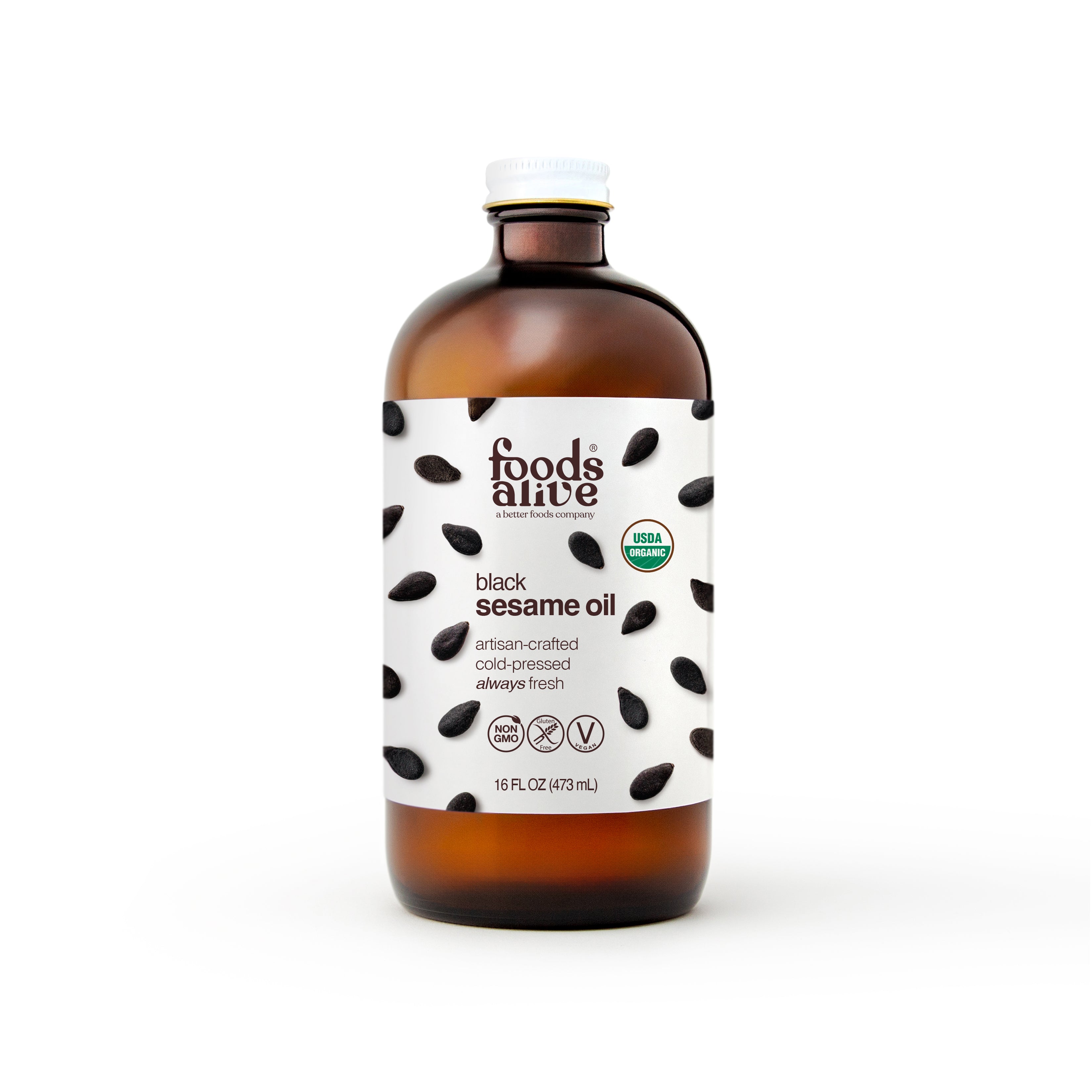 Organic Cold-Pressed Black Sesame Seed Oil 16oz Glass Bottle - Foods Alive,