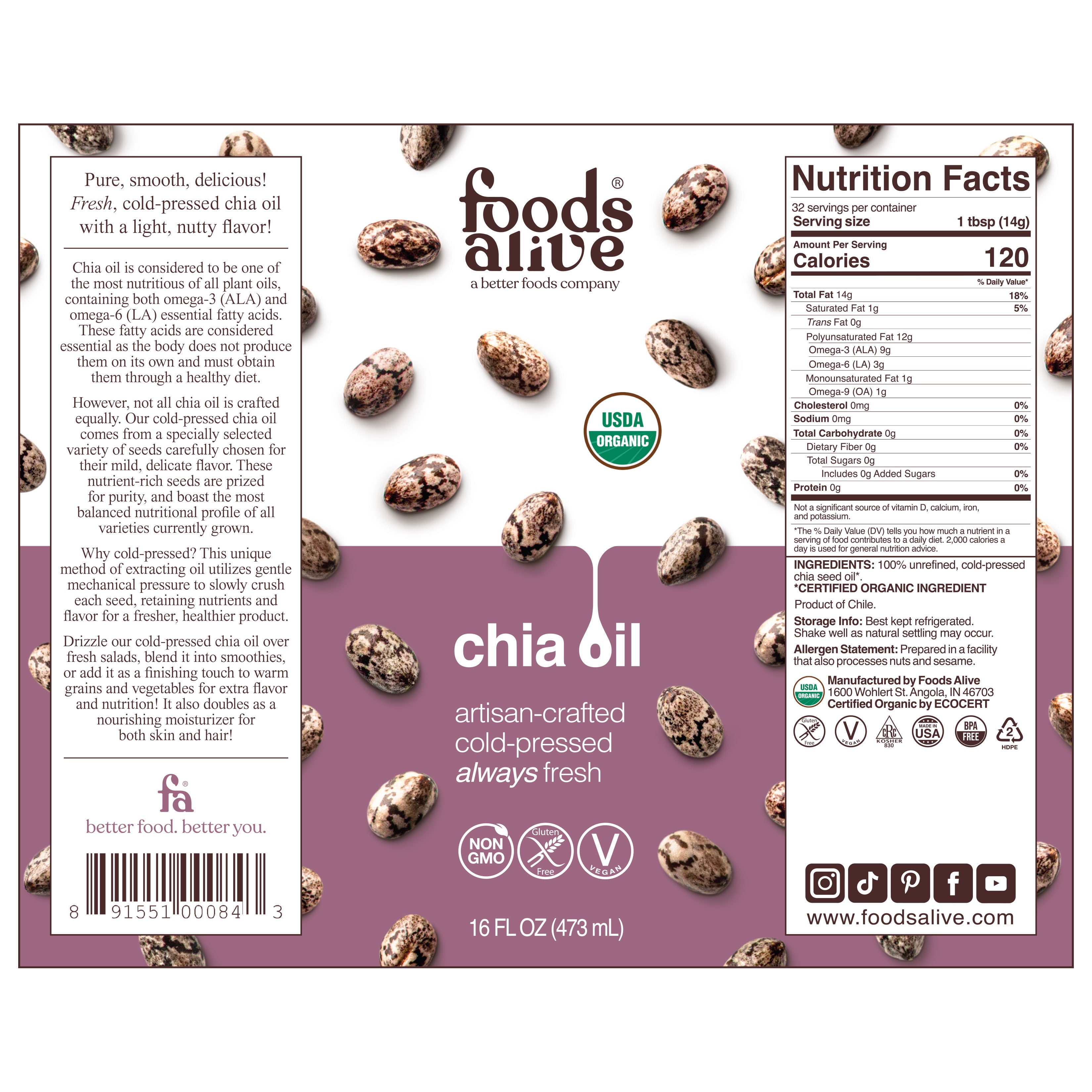 Organic Cold-Pressed Black Chia Seed Oil 16oz,