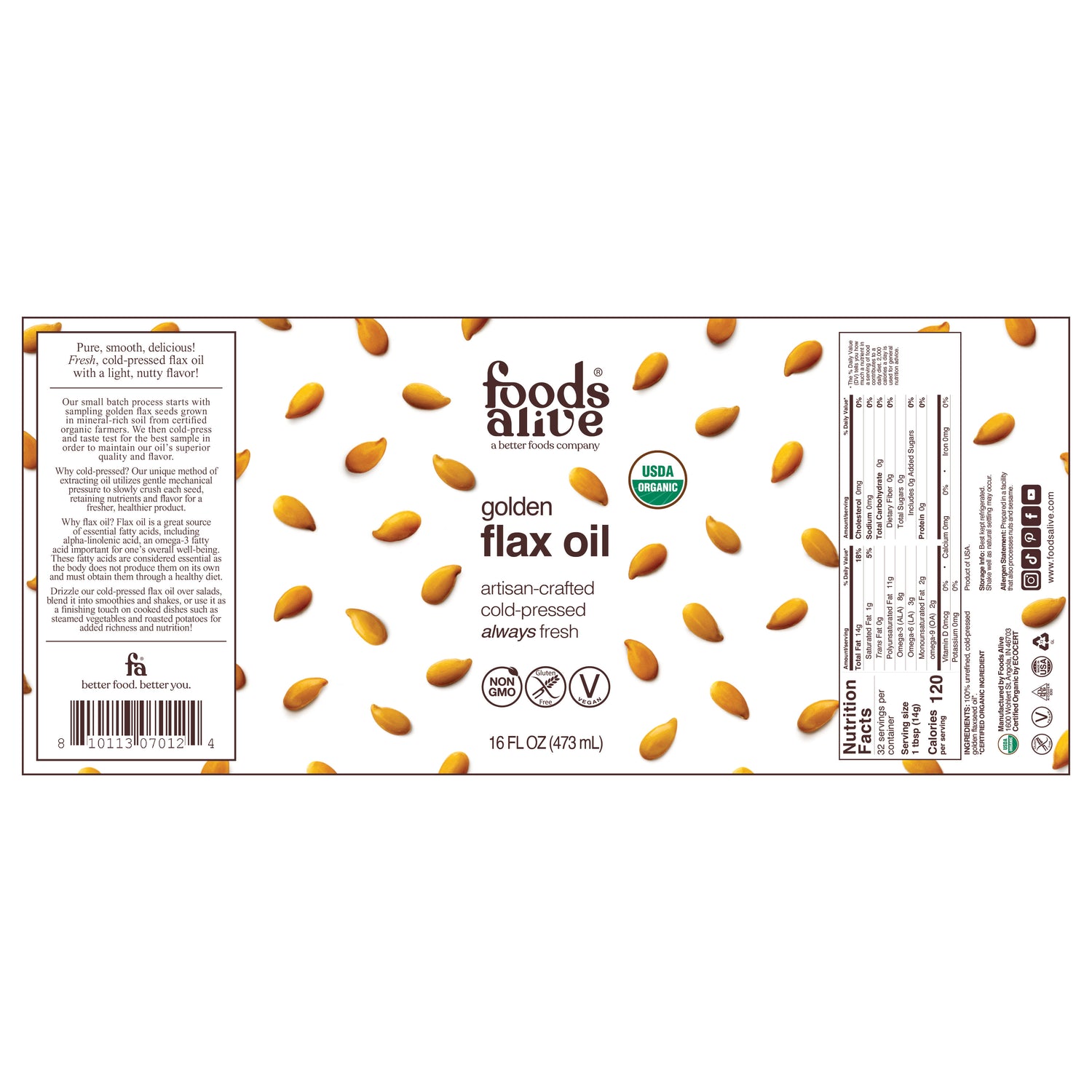 Organic Cold-Pressed Gold Flax Seed Oil 16oz Glass Bottle Label - Foods Alive,
