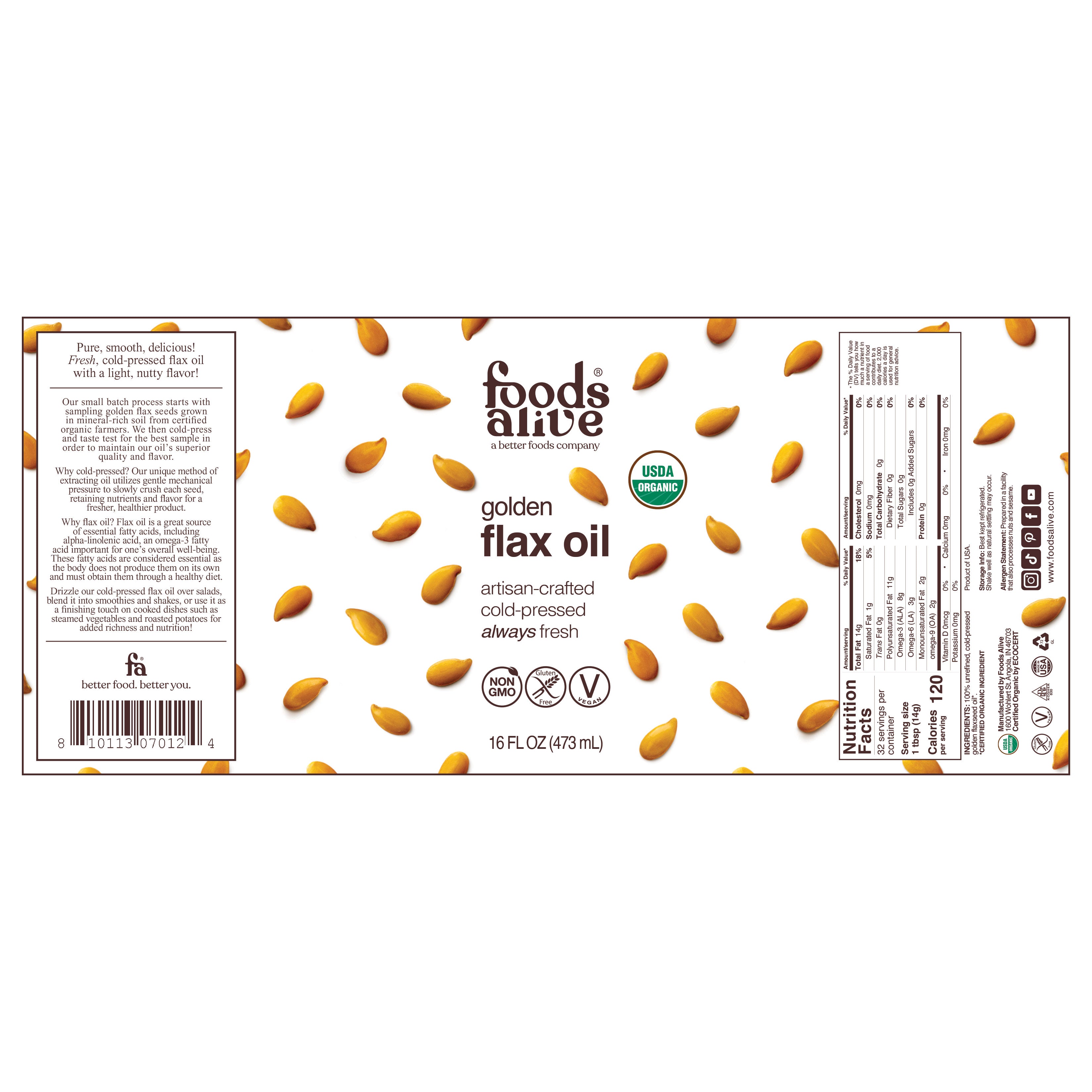 Organic Cold-Pressed Gold Flax Seed Oil 16oz Glass Bottle Label - Foods Alive,
