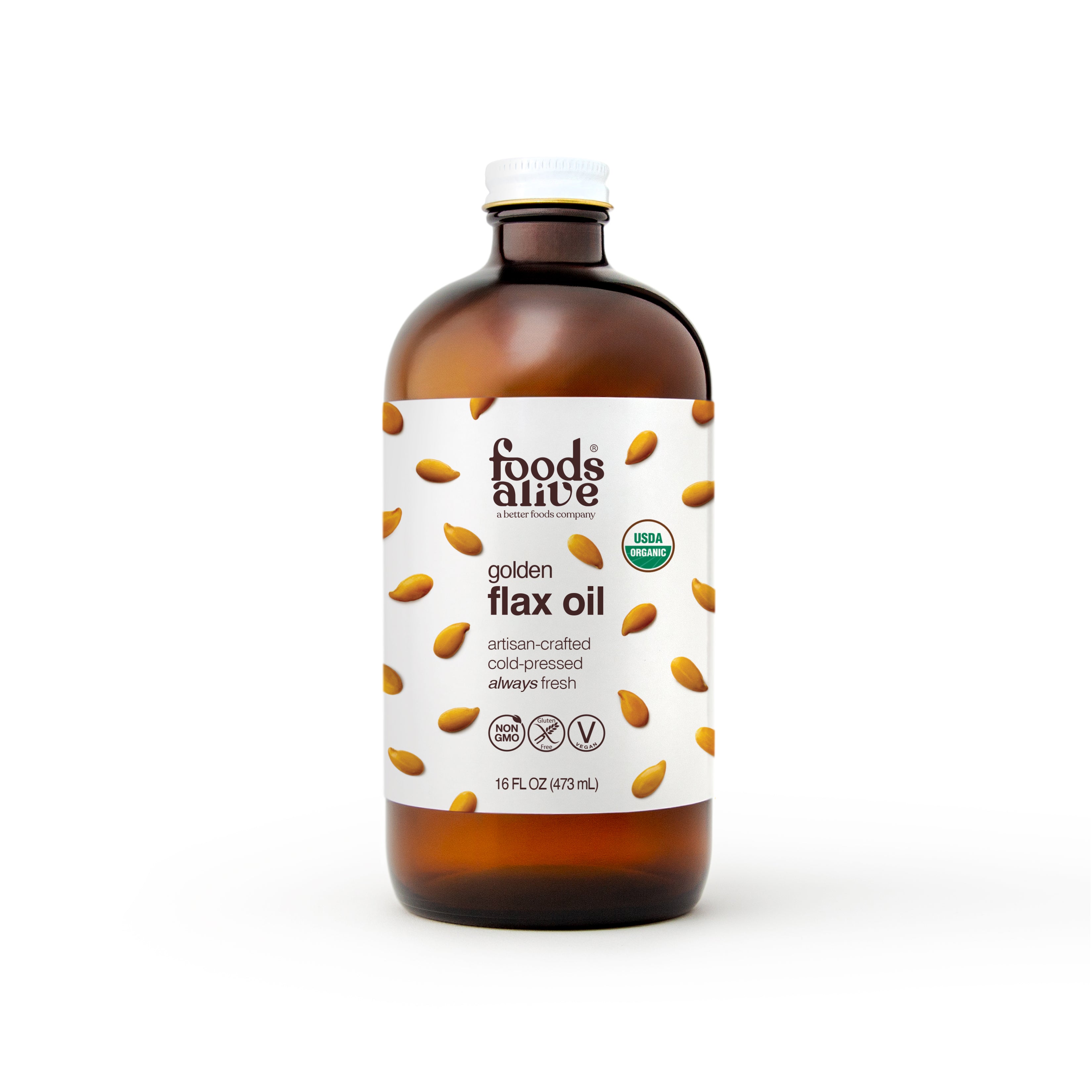 Organic Cold-Pressed Gold Flax Seed Oil 16oz Glass Bottle - Foods Alive,