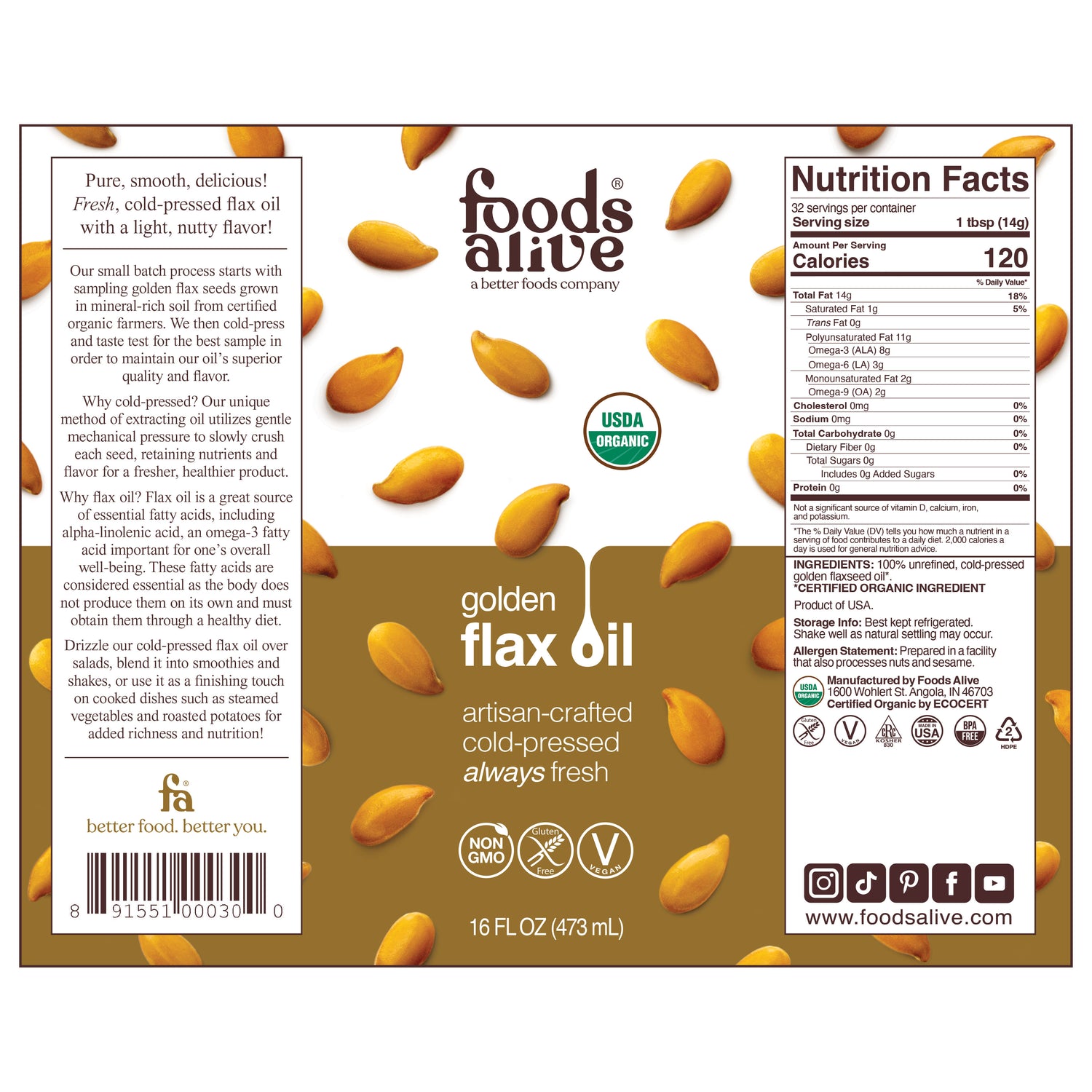 Organic Cold-Pressed Gold Flax Seed Oil 16oz (3-pack) Label,