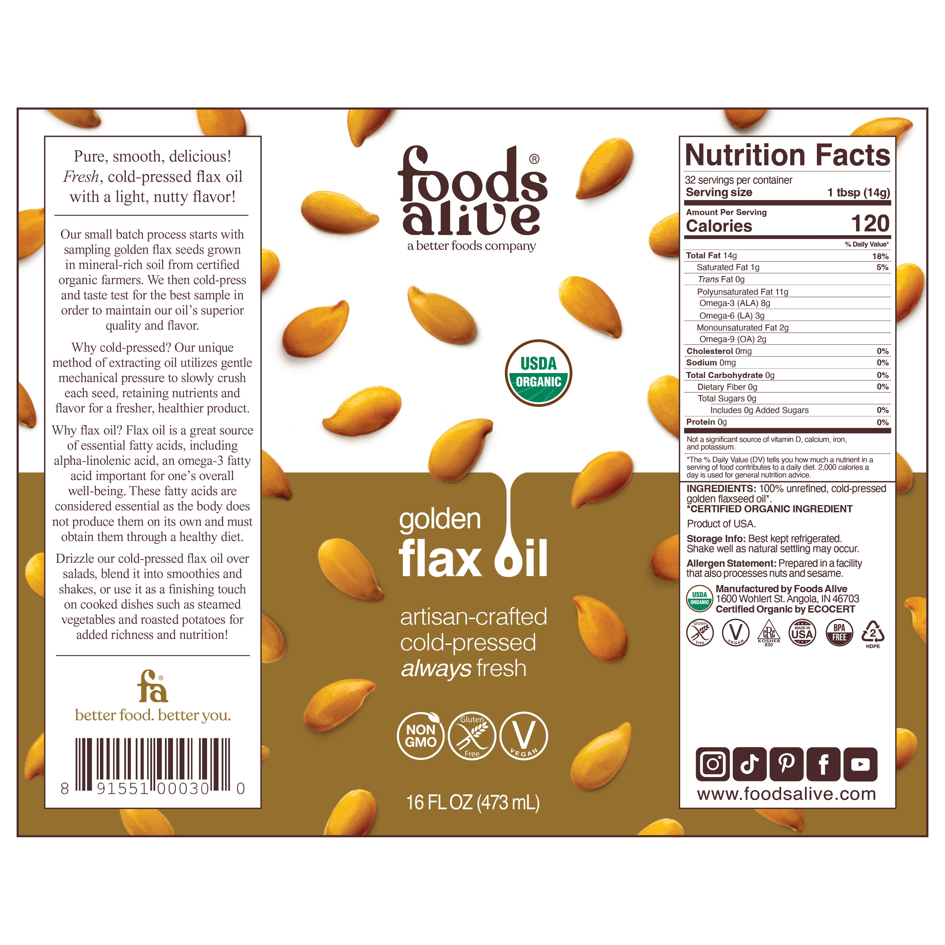 Organic Cold-Pressed Gold Flax Seed Oil 16oz (3-pack) Label,