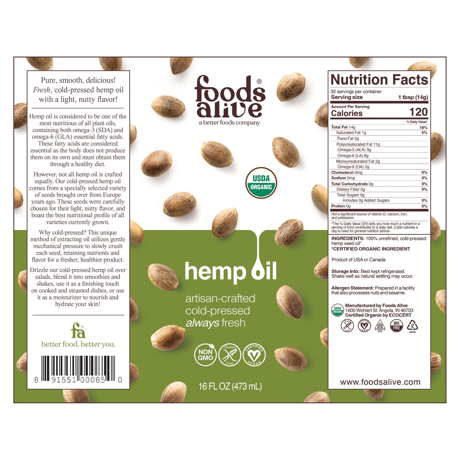 Organic Cold-Pressed Hemp Seed Oil 16oz Label - Foods Alive