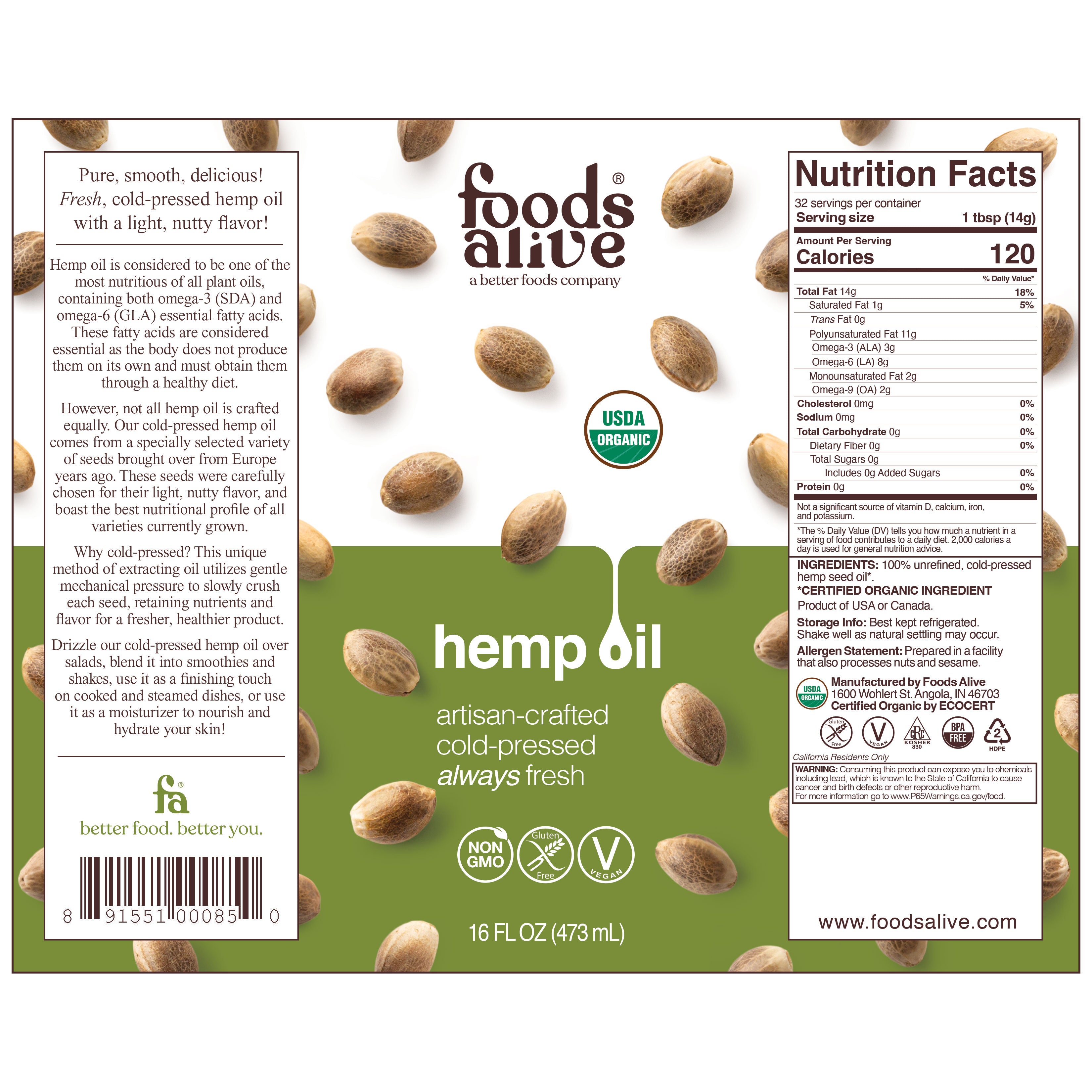 Organic Cold-Pressed Hemp Seed Oil 16oz