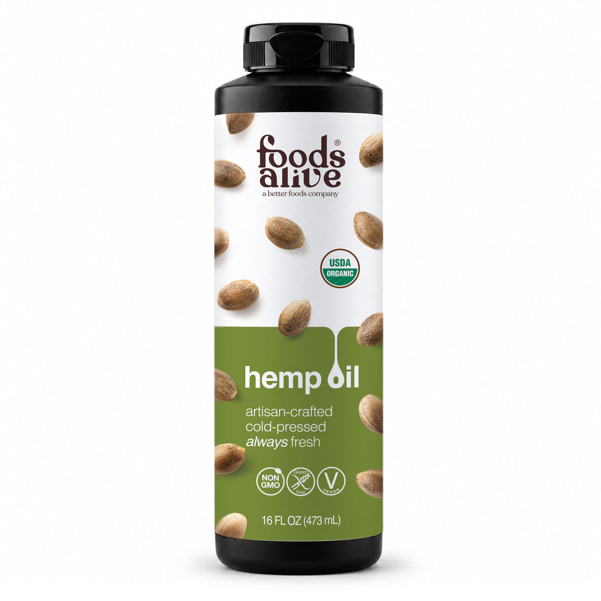 Foods Alive Organic Cold-Pressed Hemp Seed Oil 16 oz black plastic bottle with black cap and green and white label featuring hemp seeds.