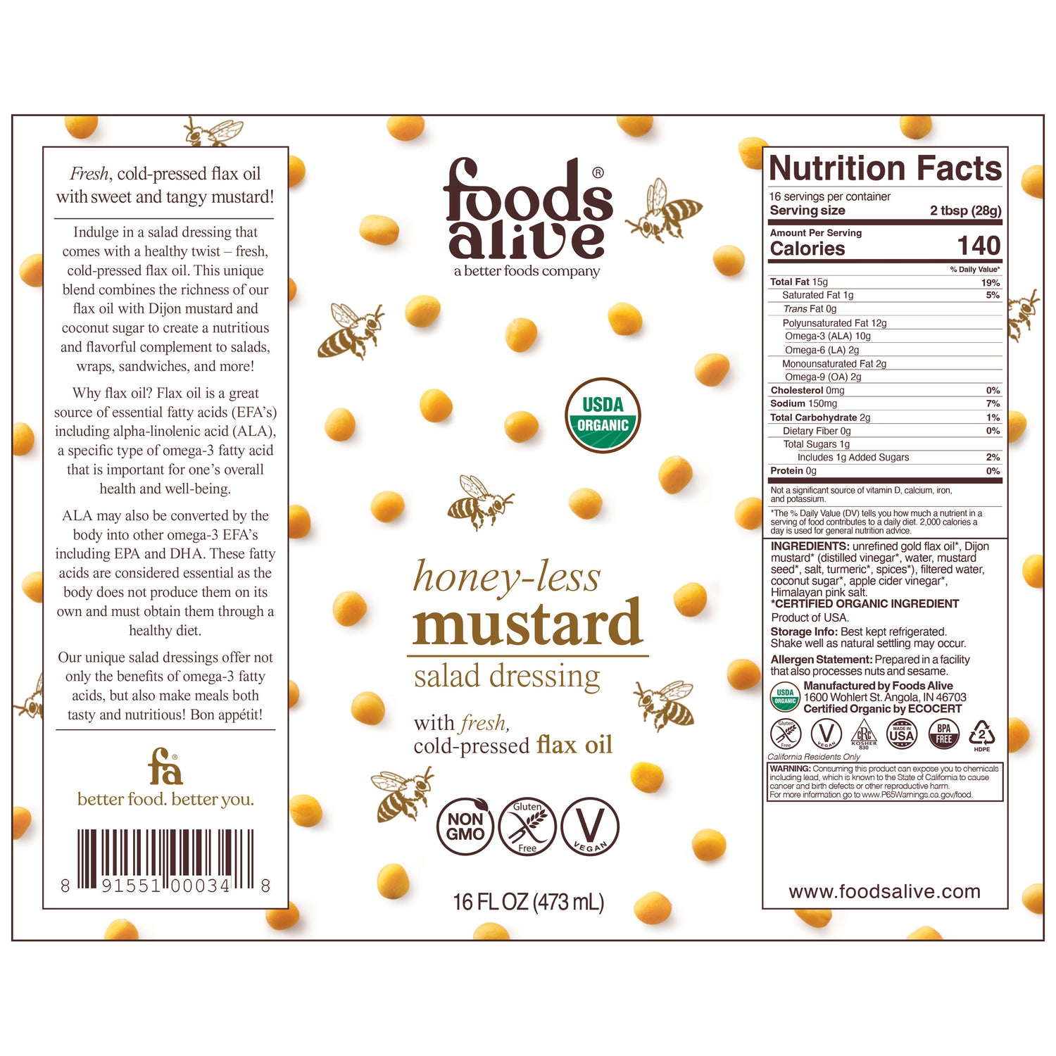 Organic Honey-Less Mustard Salad Dressing - 16oz