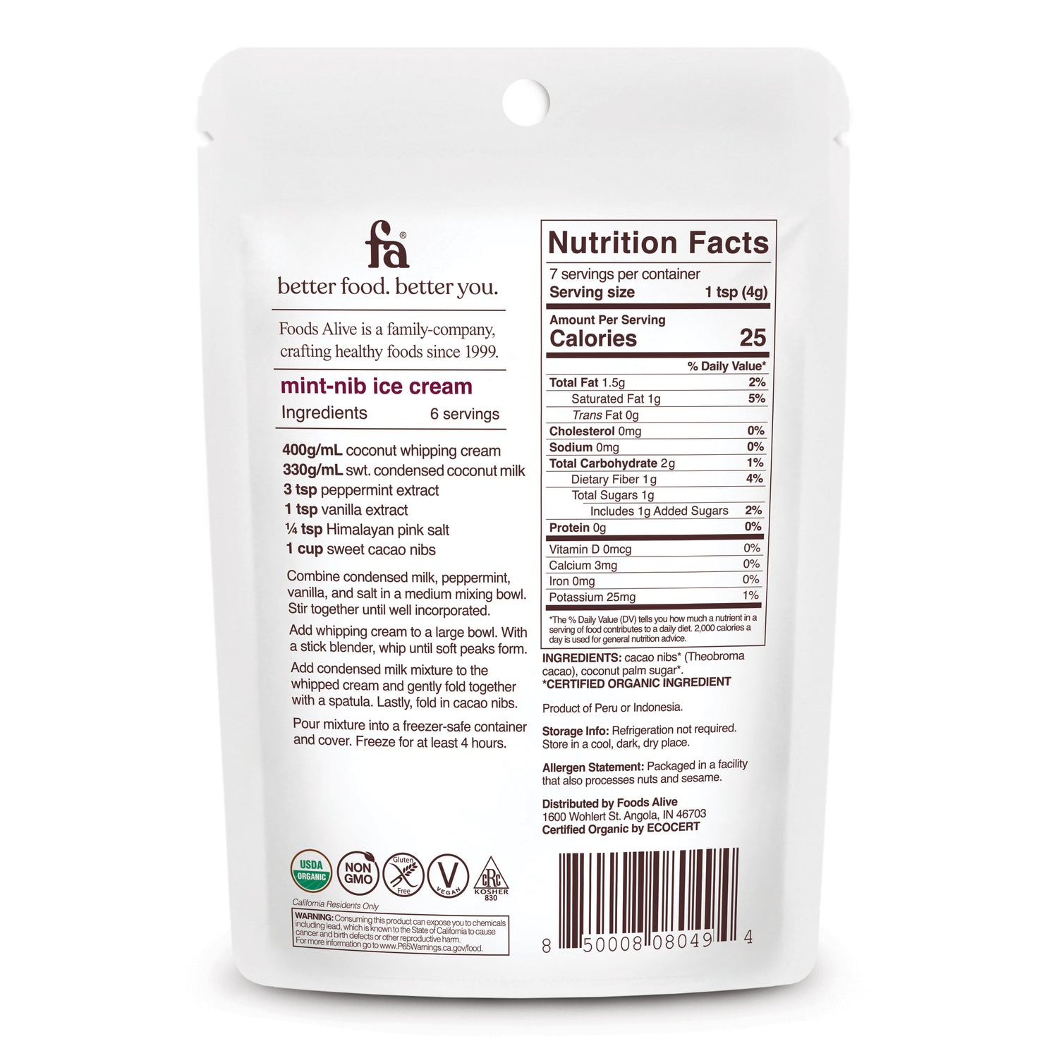 Foods Alive - Organic Sweet Cacao Nibs - 1 oz,
