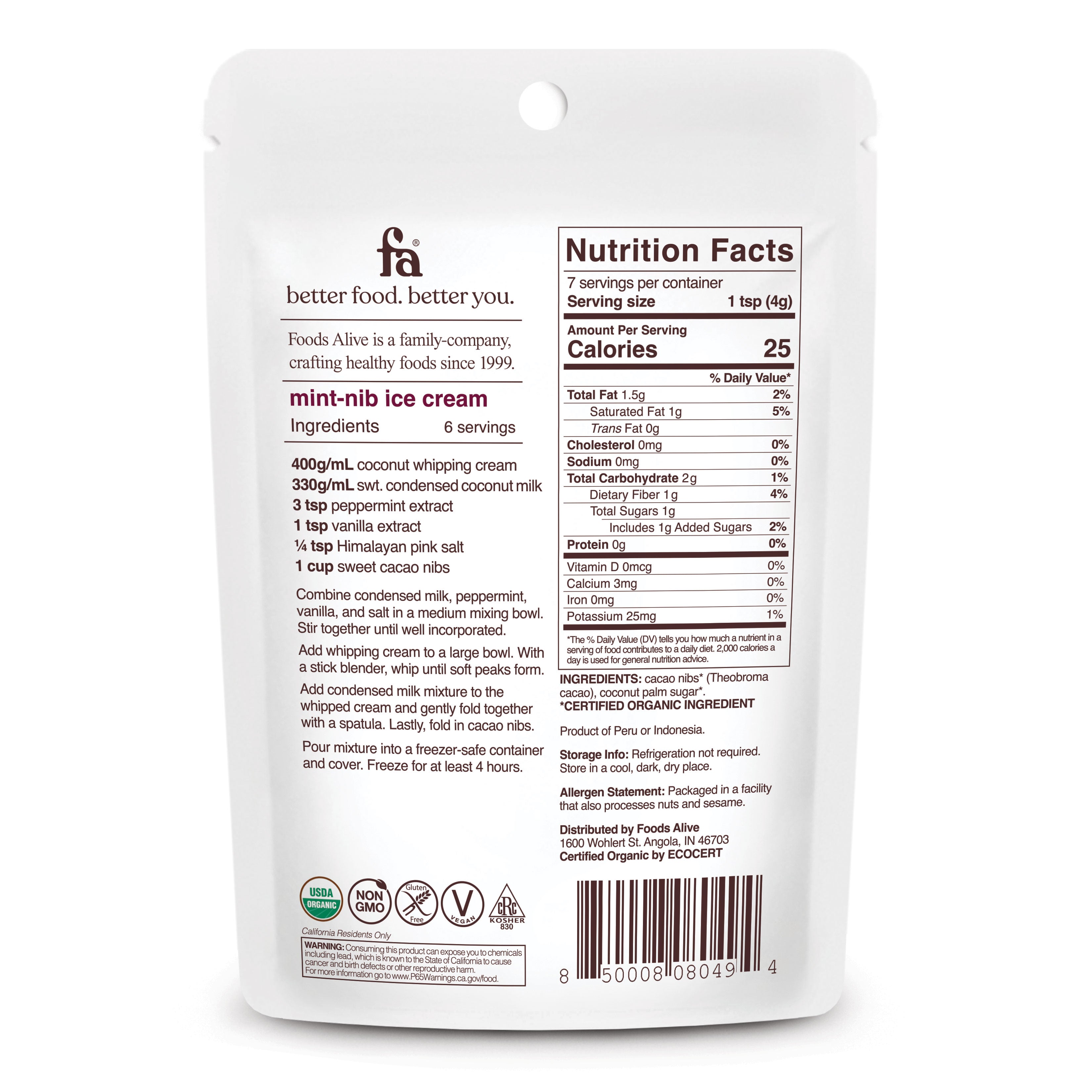 Foods Alive - Organic Sweet Cacao Nibs - 1 oz,