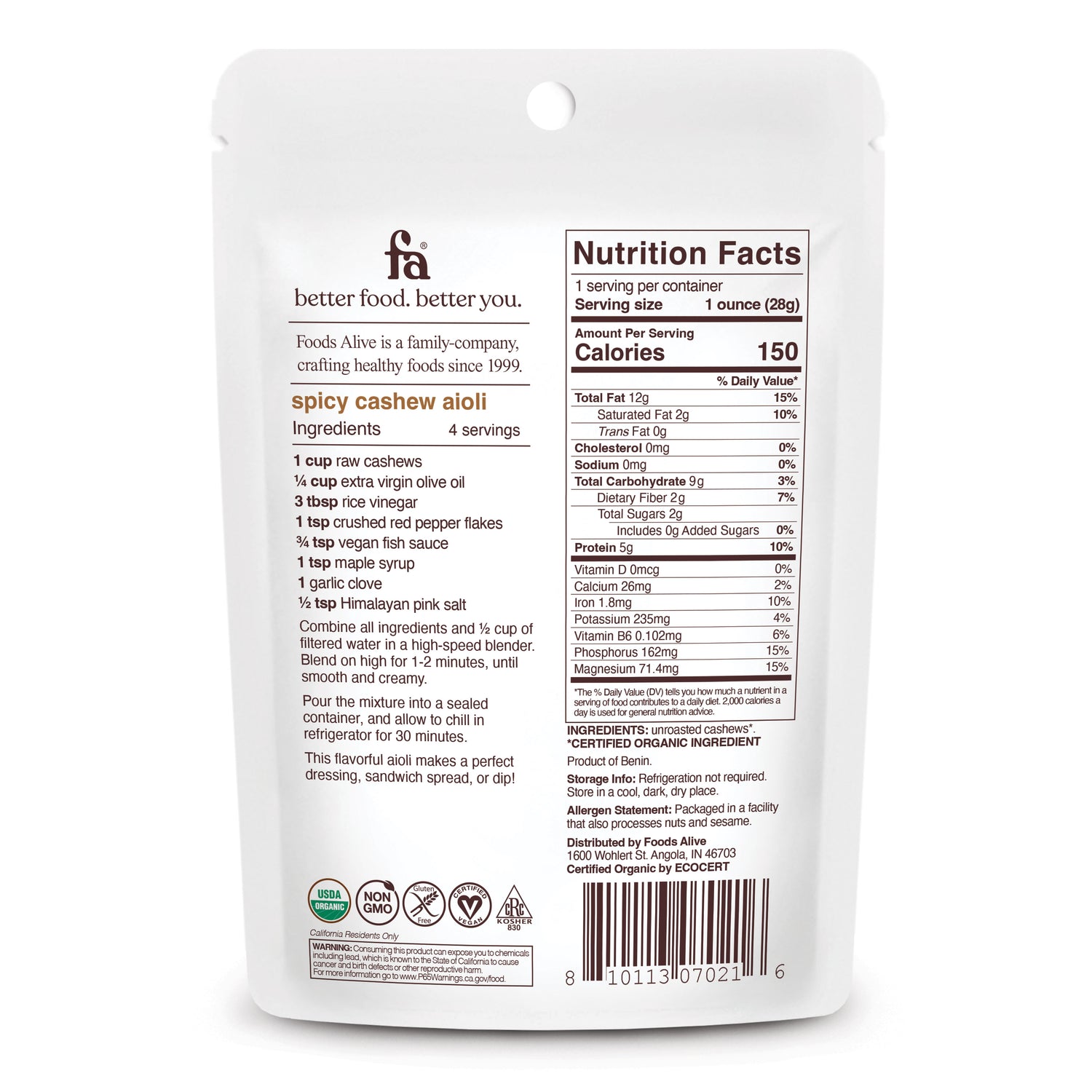 Organic Raw Cashews - 1oz - Back - Foods Alive,