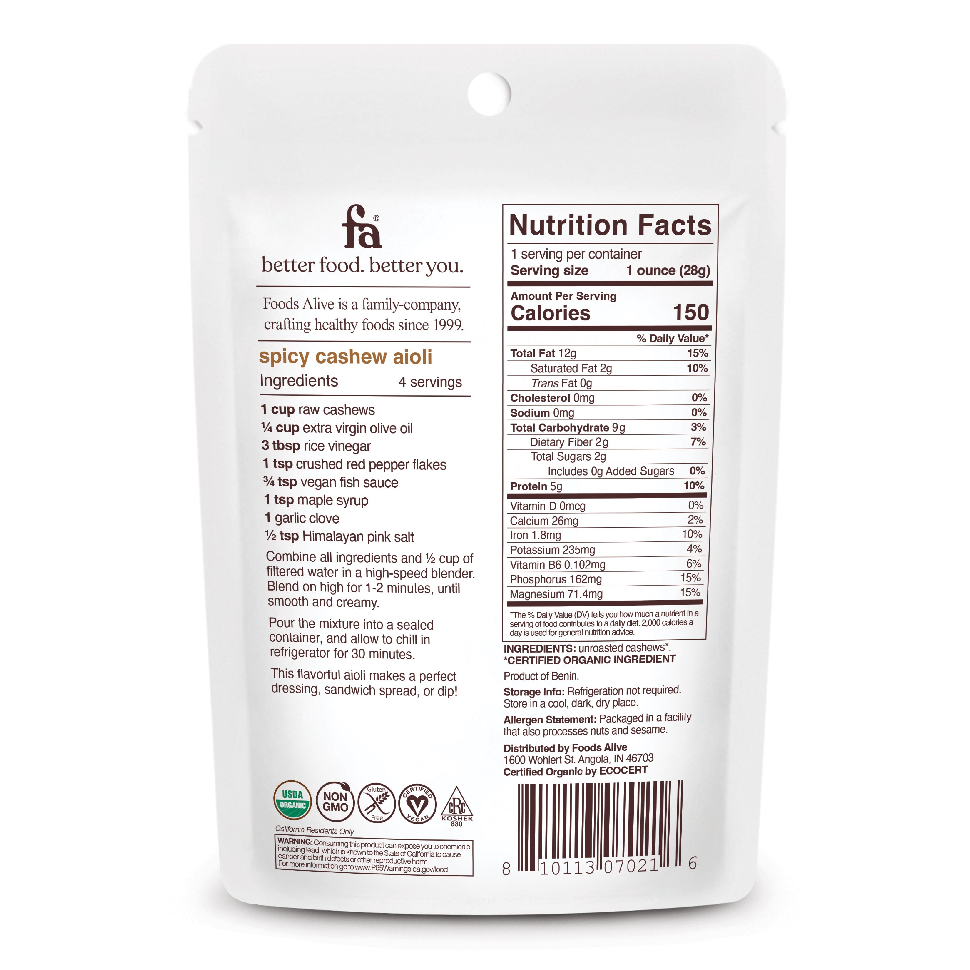 Organic Raw Cashews - 1oz - Back - Foods Alive,