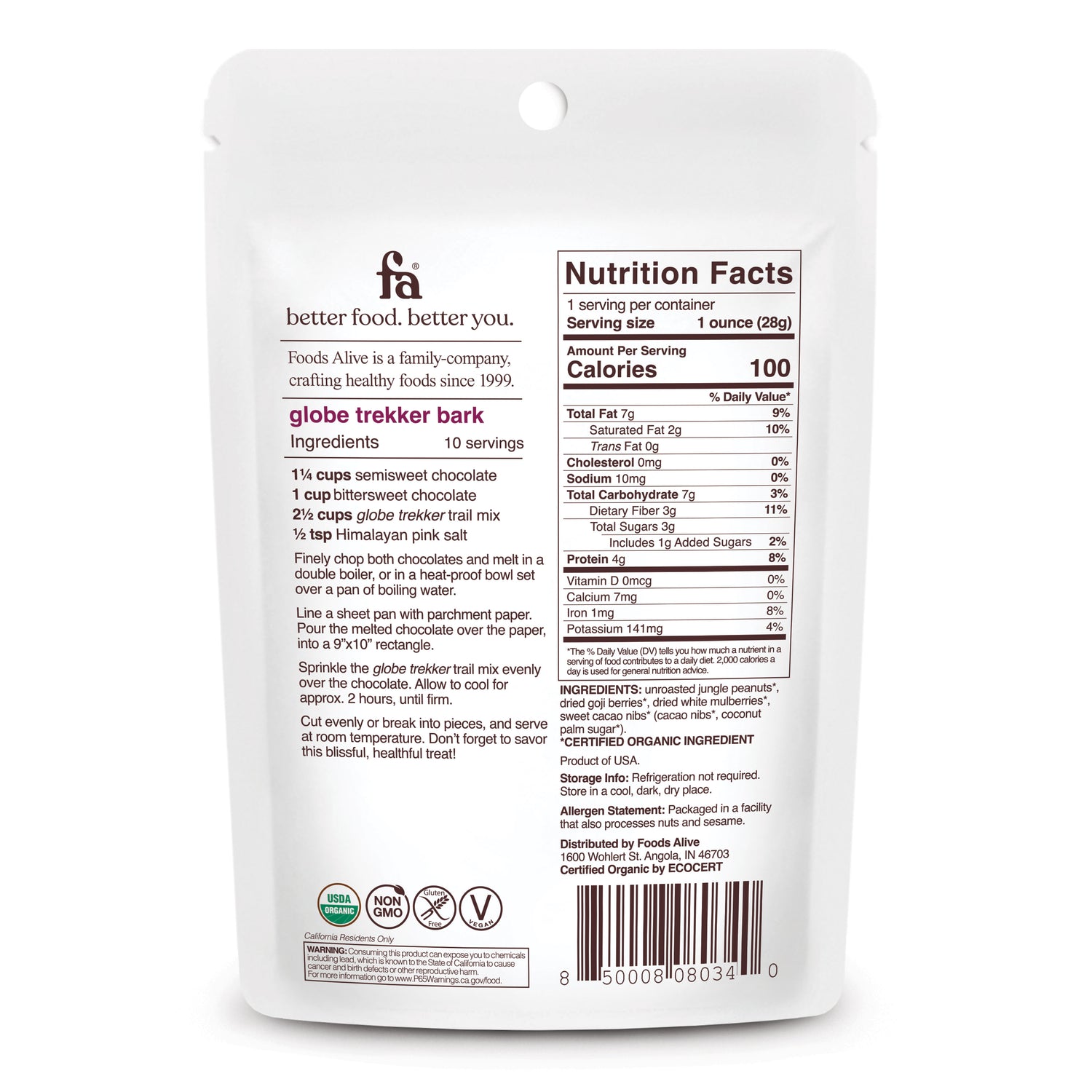 Organic Globe Trekker Trail Mix - 1oz - Foods Alive,