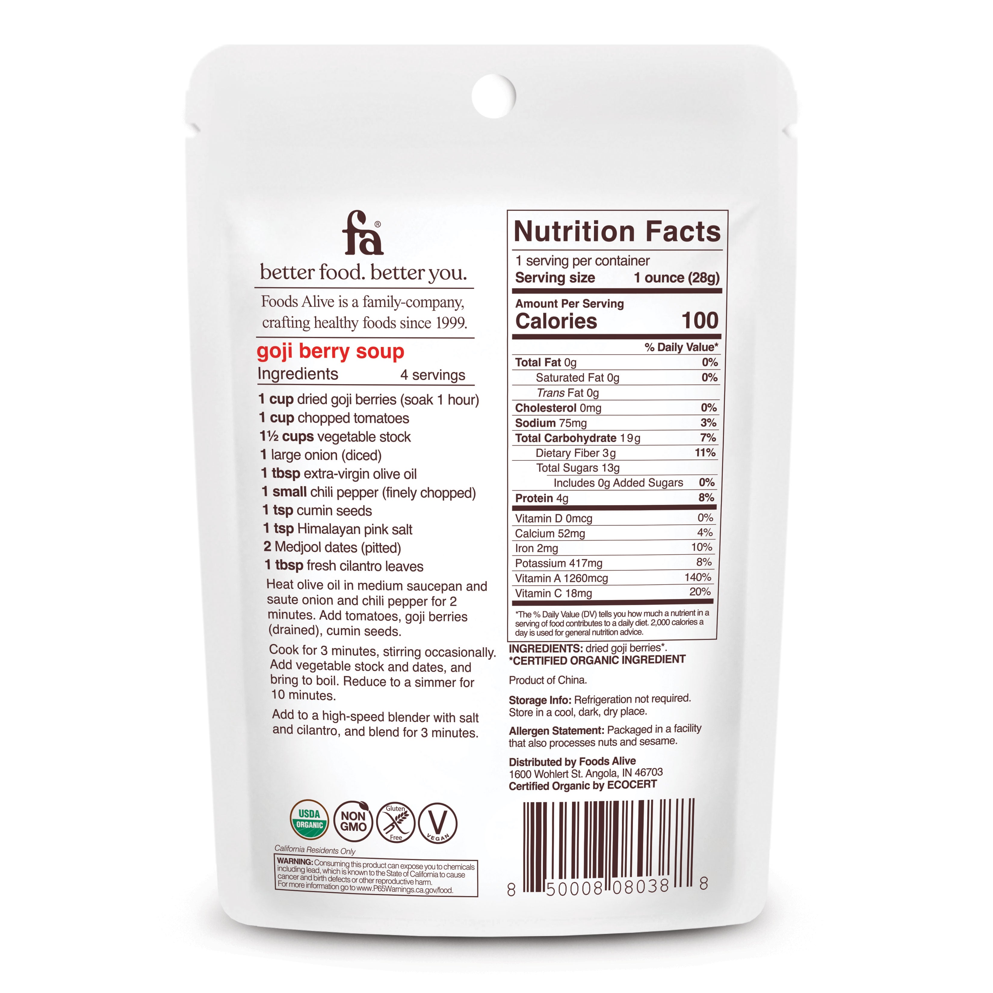 Foods Alive - Organic Goji Berries - 1 oz,