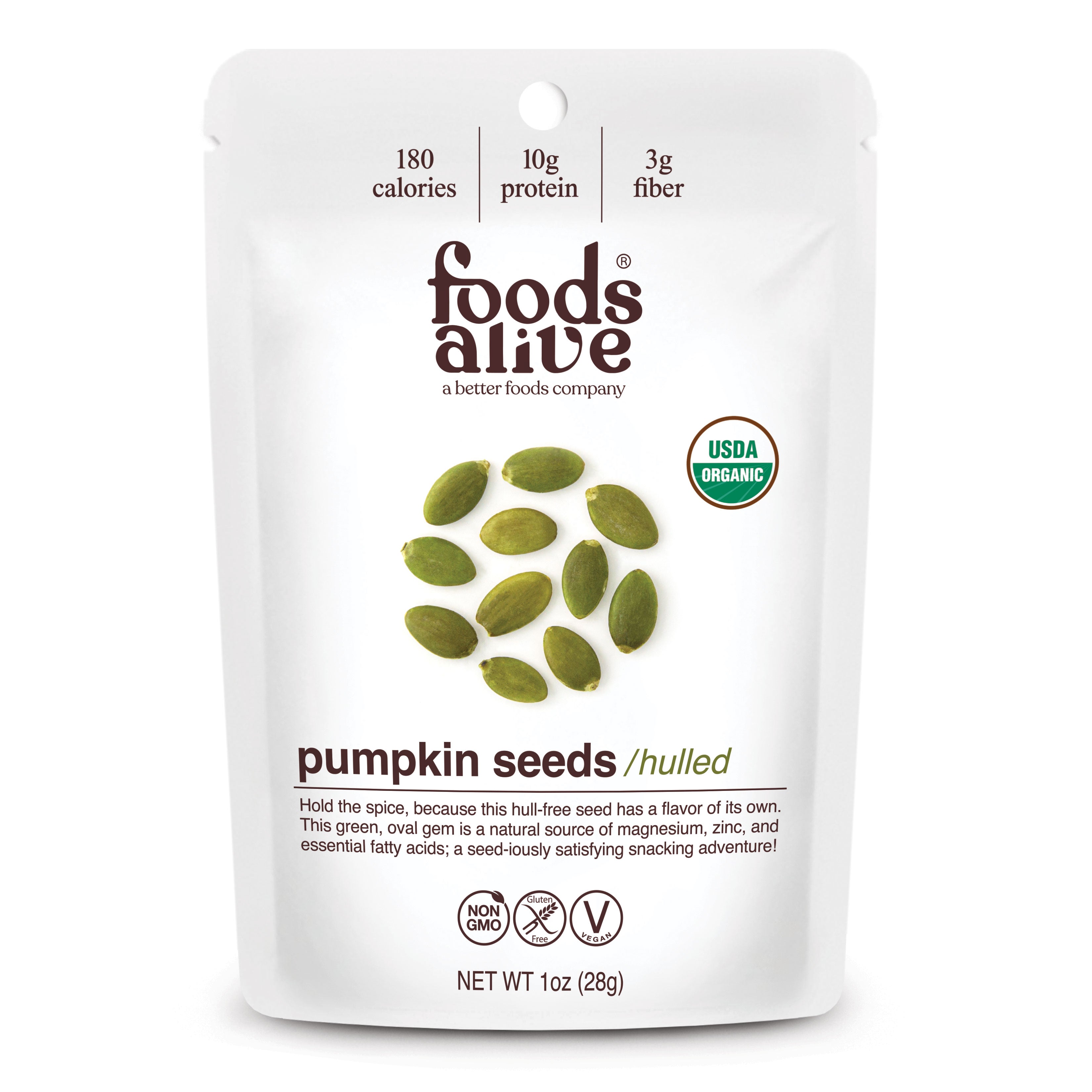 Organic Pumpkin Seeds - 1oz - Front - Foods Alive,