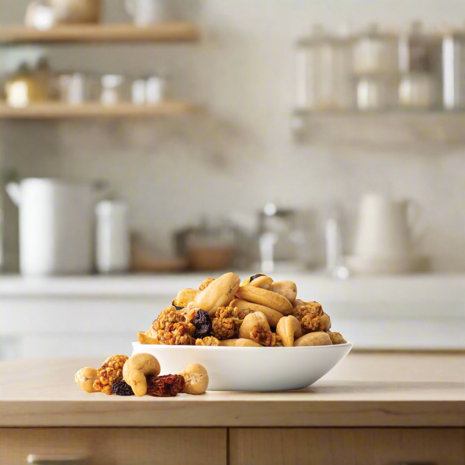 coo, coo, cashew trail mix in kitchen