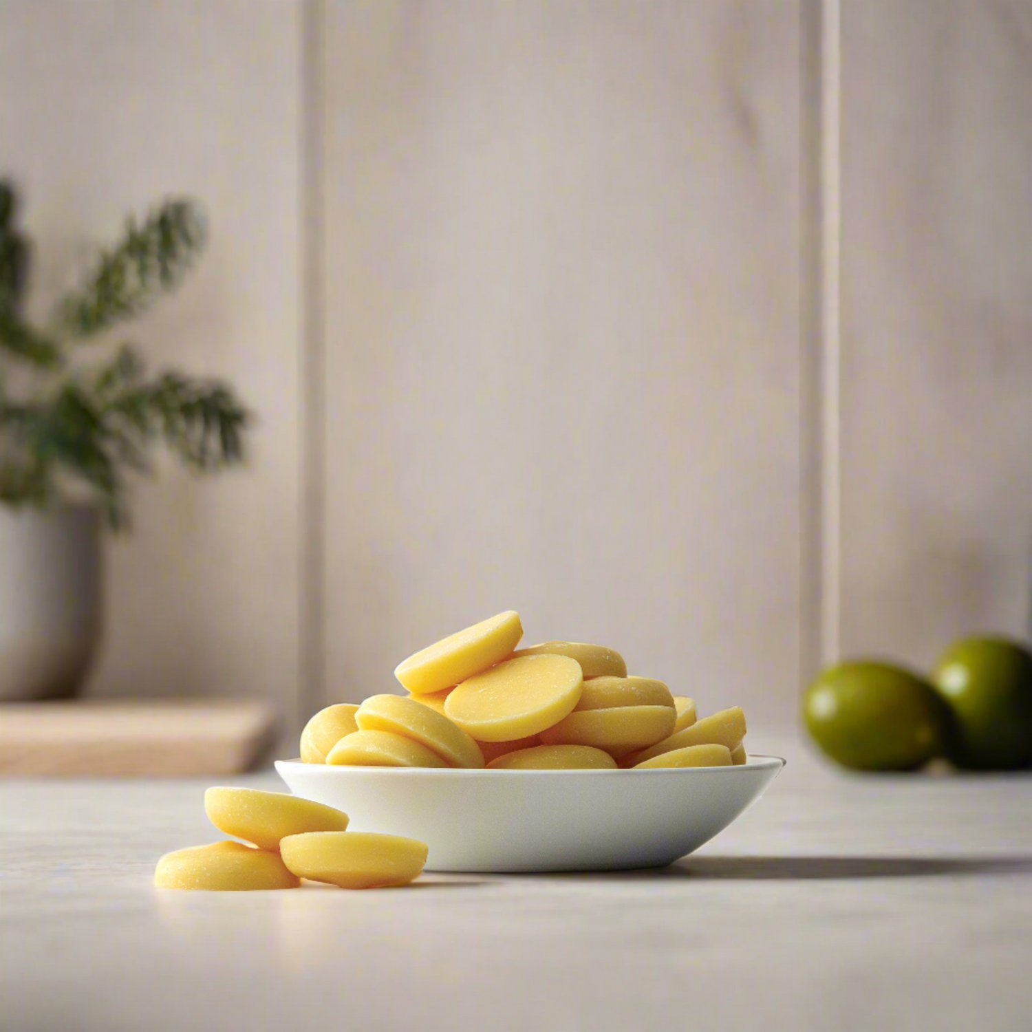 cacao butter wafers in white bowl on kitchen counter