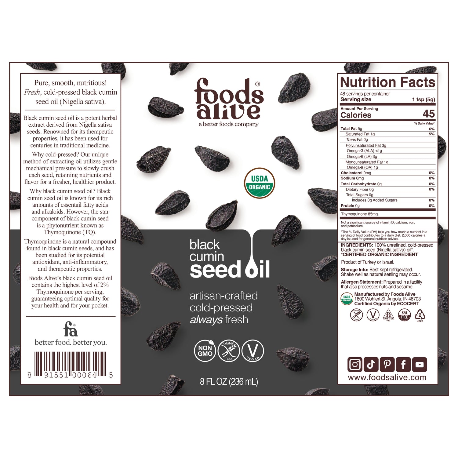 Organic Cold-Pressed Black Cumin Seed Oil 8oz Label,