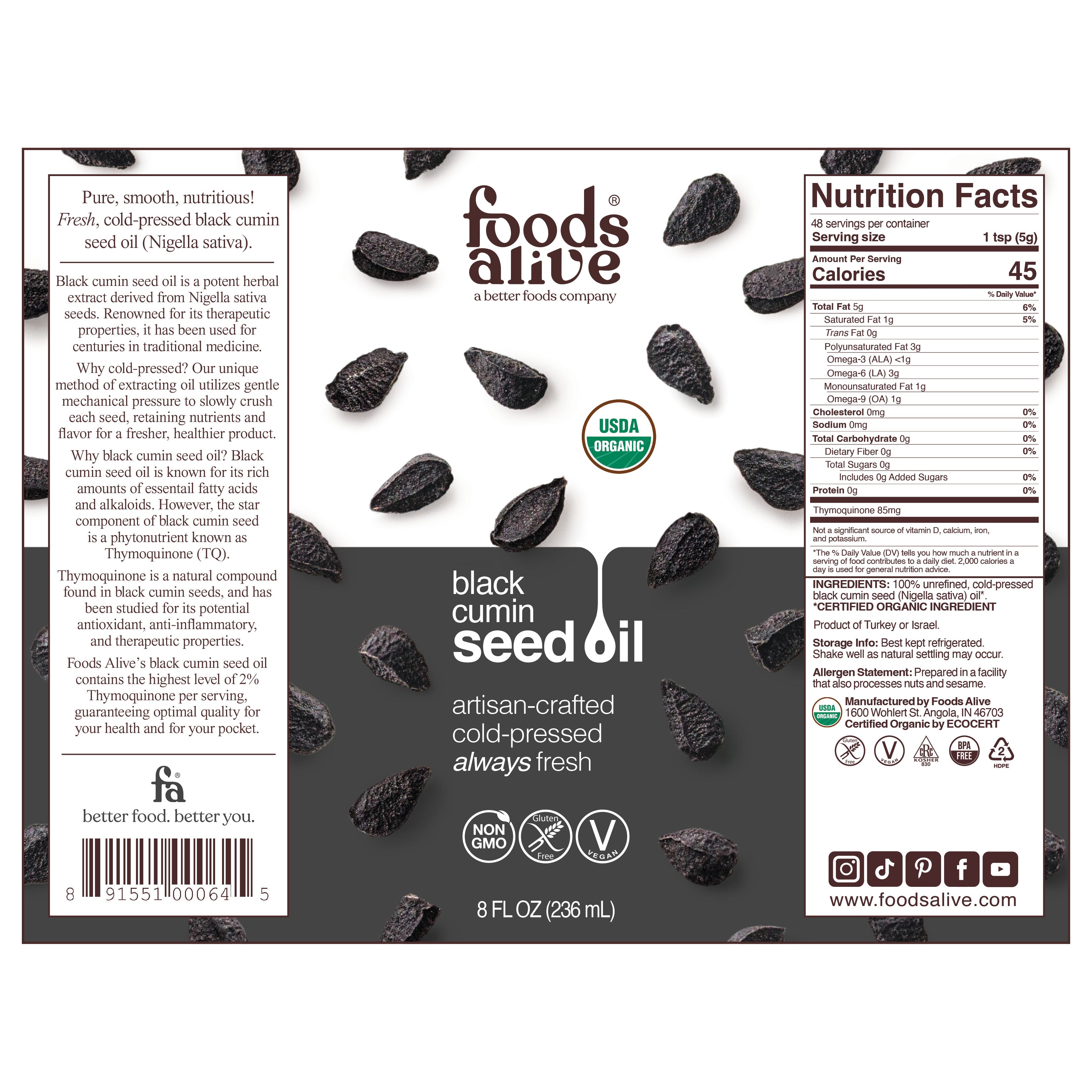 Organic Cold-Pressed Black Cumin Seed Oil 8oz Label,