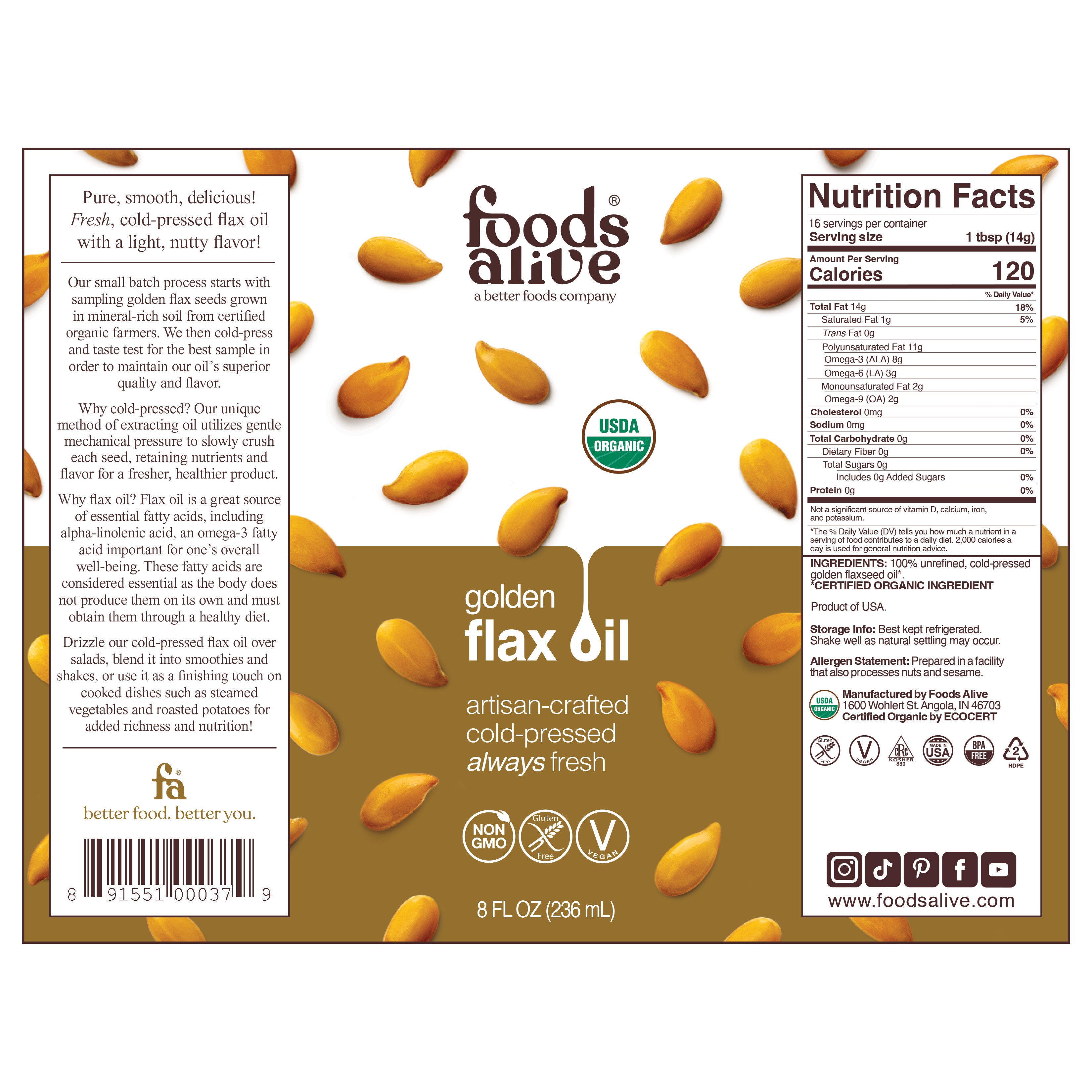 Organic Cold-Pressed Gold Flax Seed Oil 8oz,