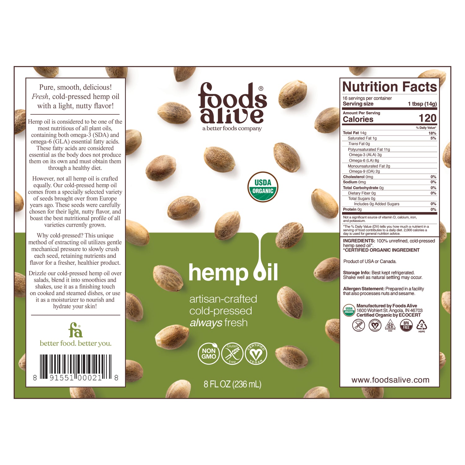 Organic Cold-Pressed Hemp Seed Oil 8oz Label - Foods Alive