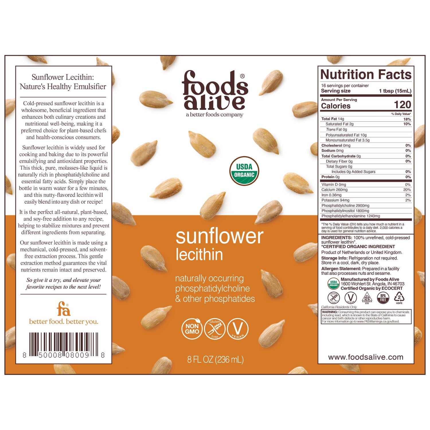 Organic Cold-Pressed Sunflower Lecithin 8oz,