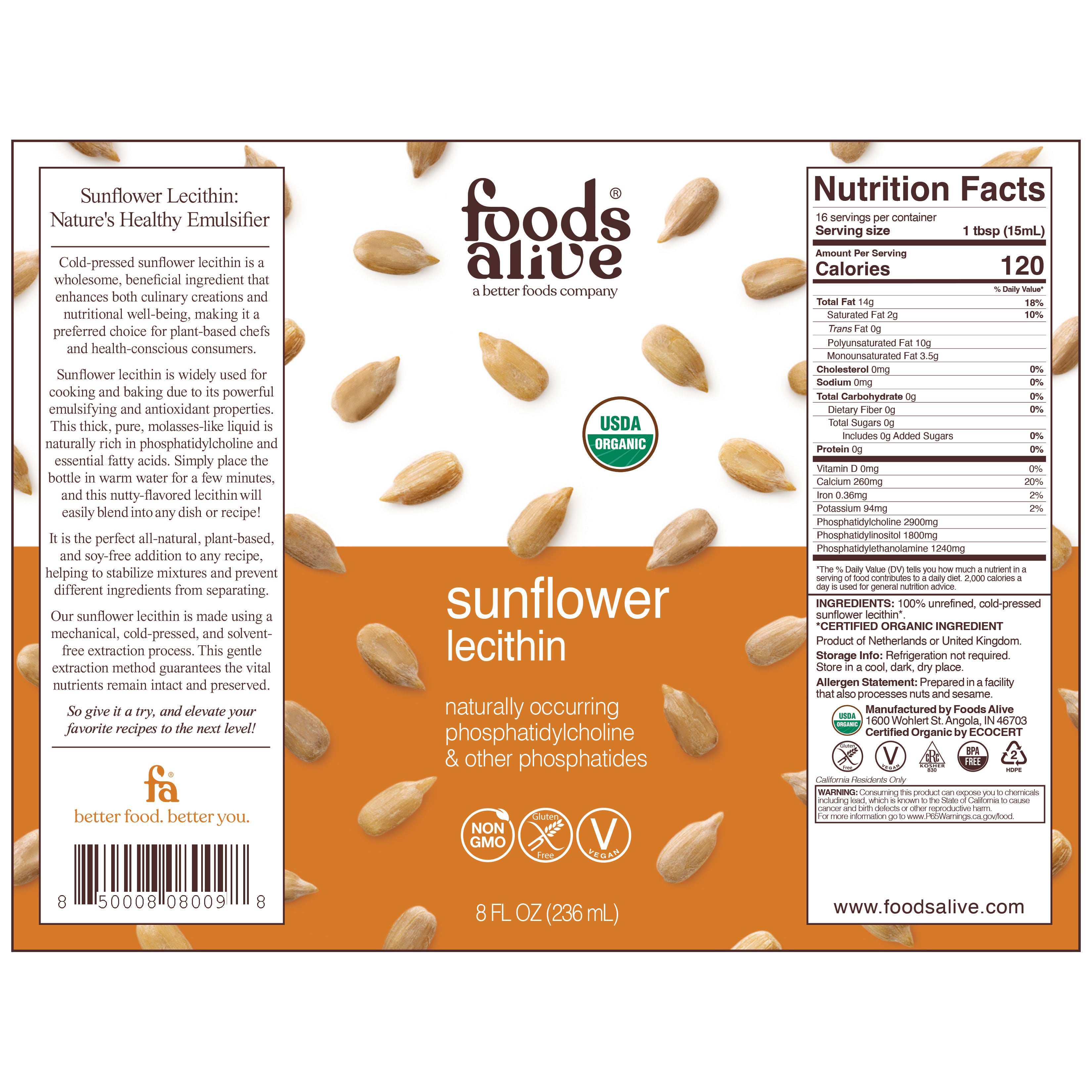 Organic Cold-Pressed Sunflower Lecithin 8oz,