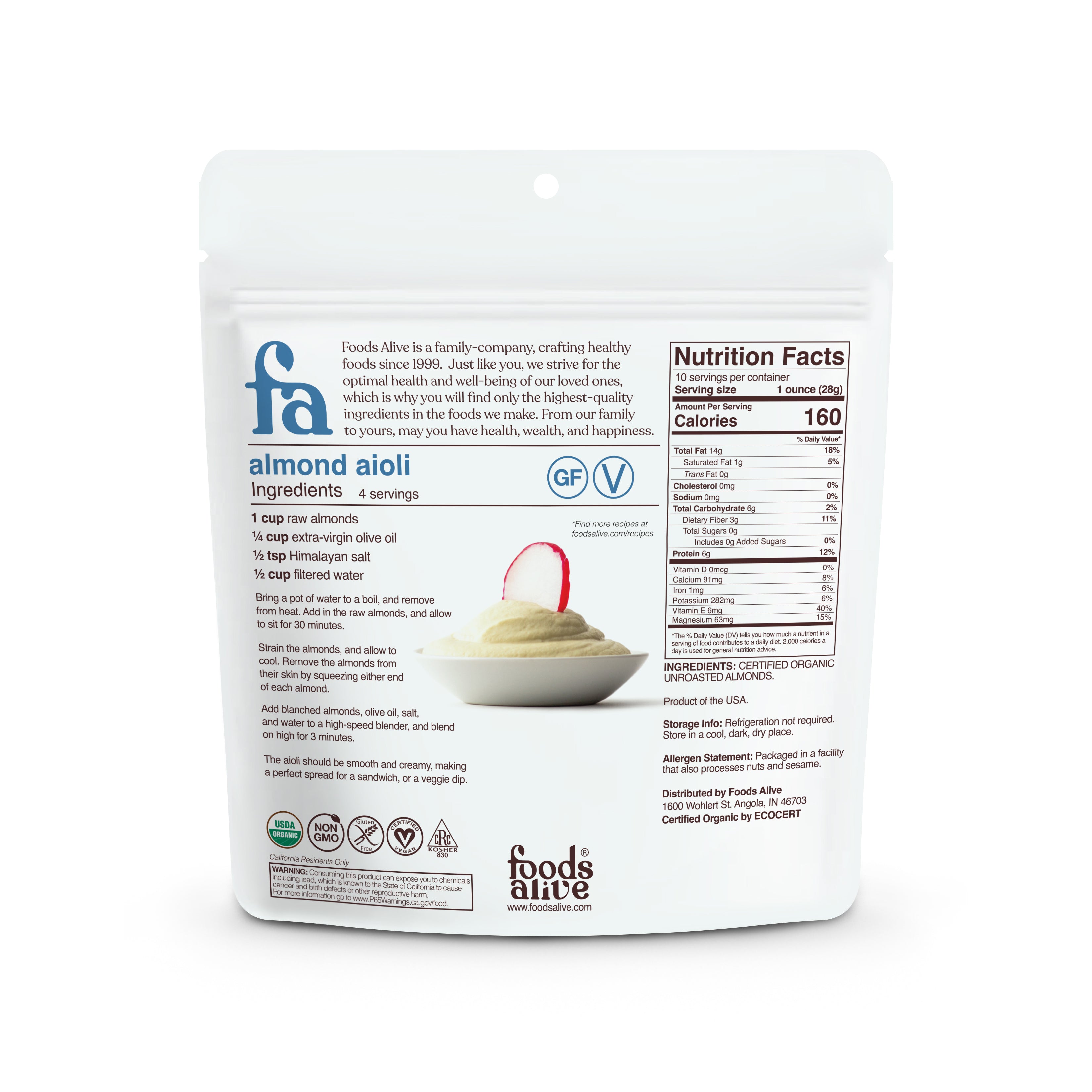 Organic Raw Almonds - 10oz - Back - Foods Alive