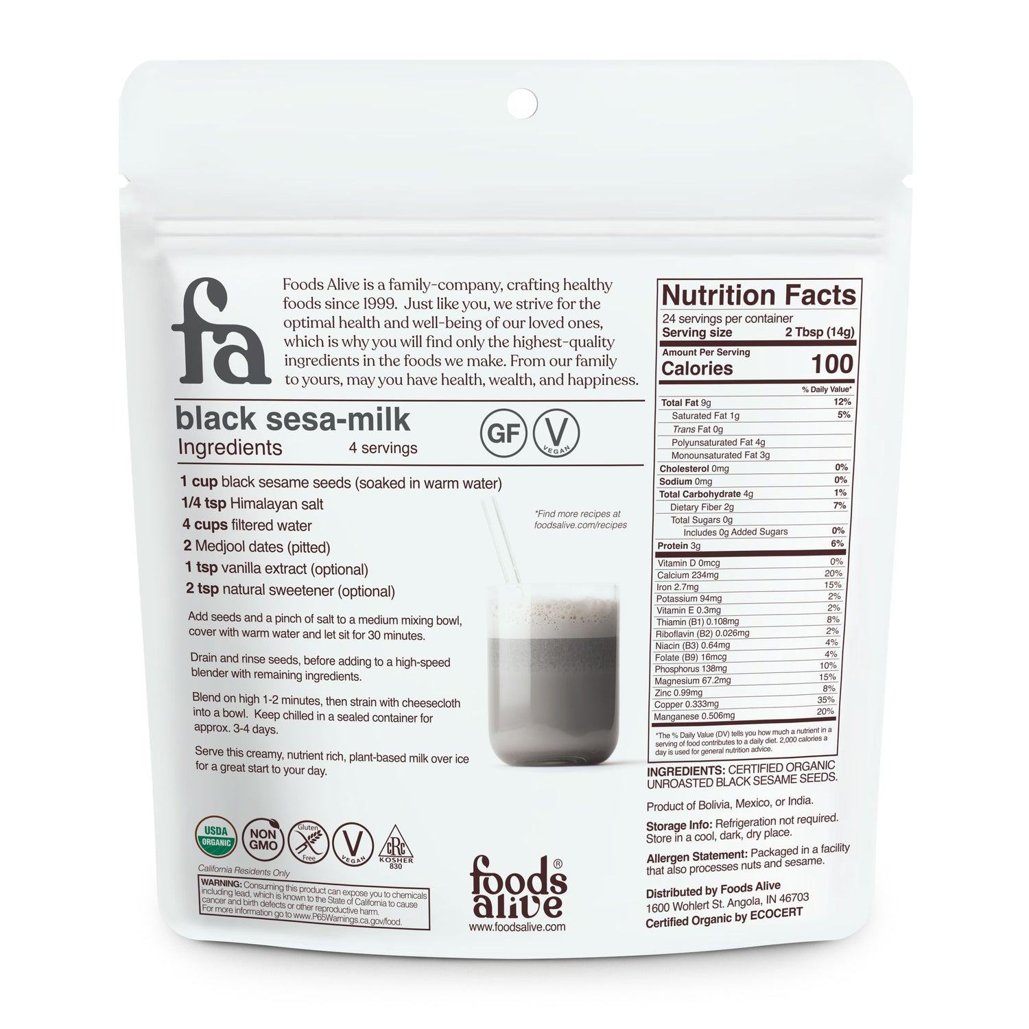 Foods Alive - Organic Black Sesame Seed - 12 oz,