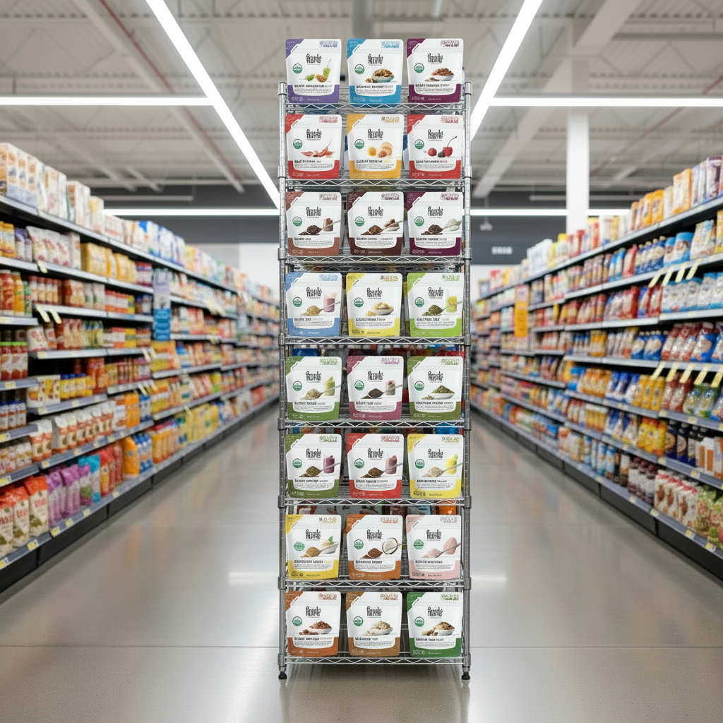 Foods Alive end cap displayed in store