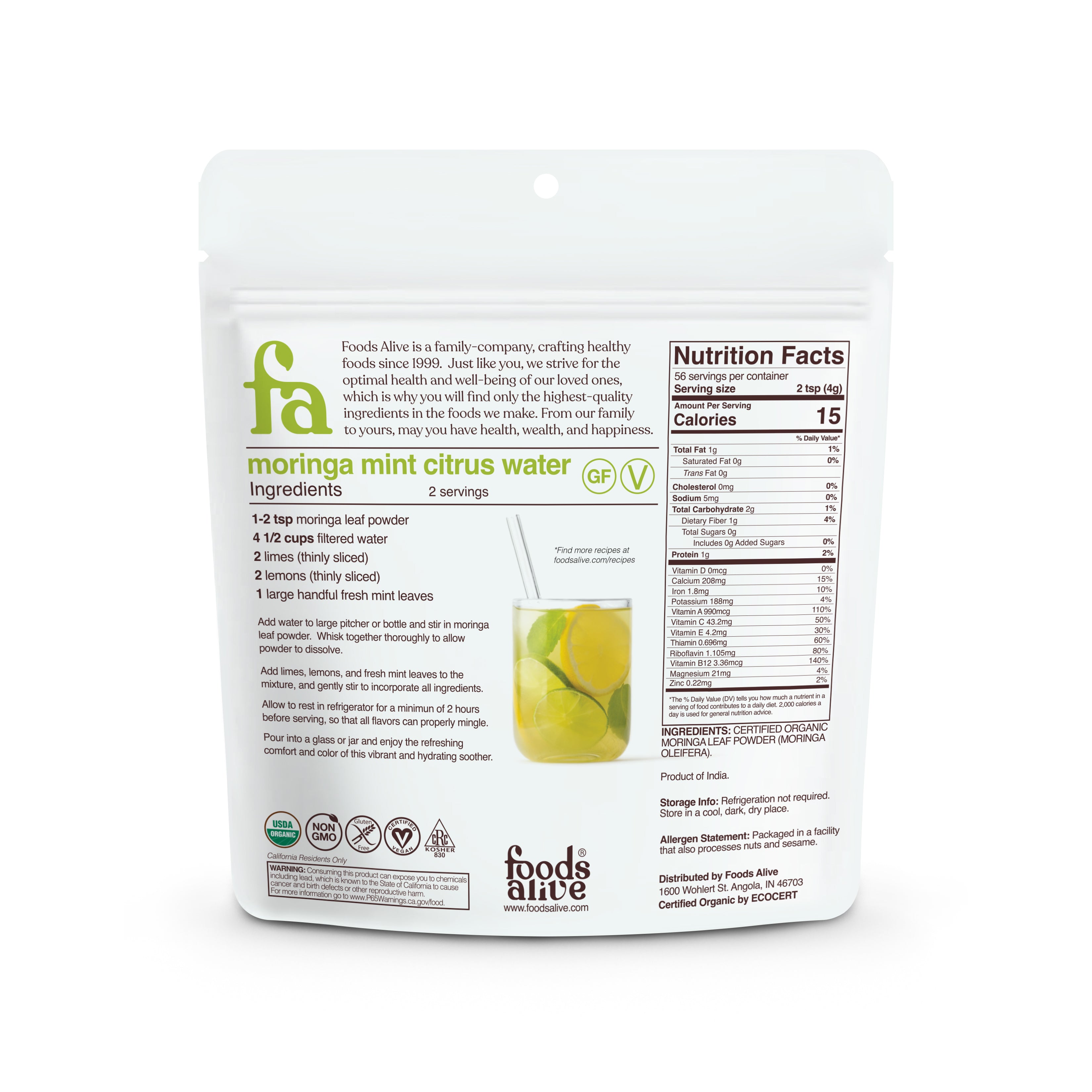 Organic Raw Moringa Leaf Powder - Nutrient-Dense Food - Foods Alive - Back