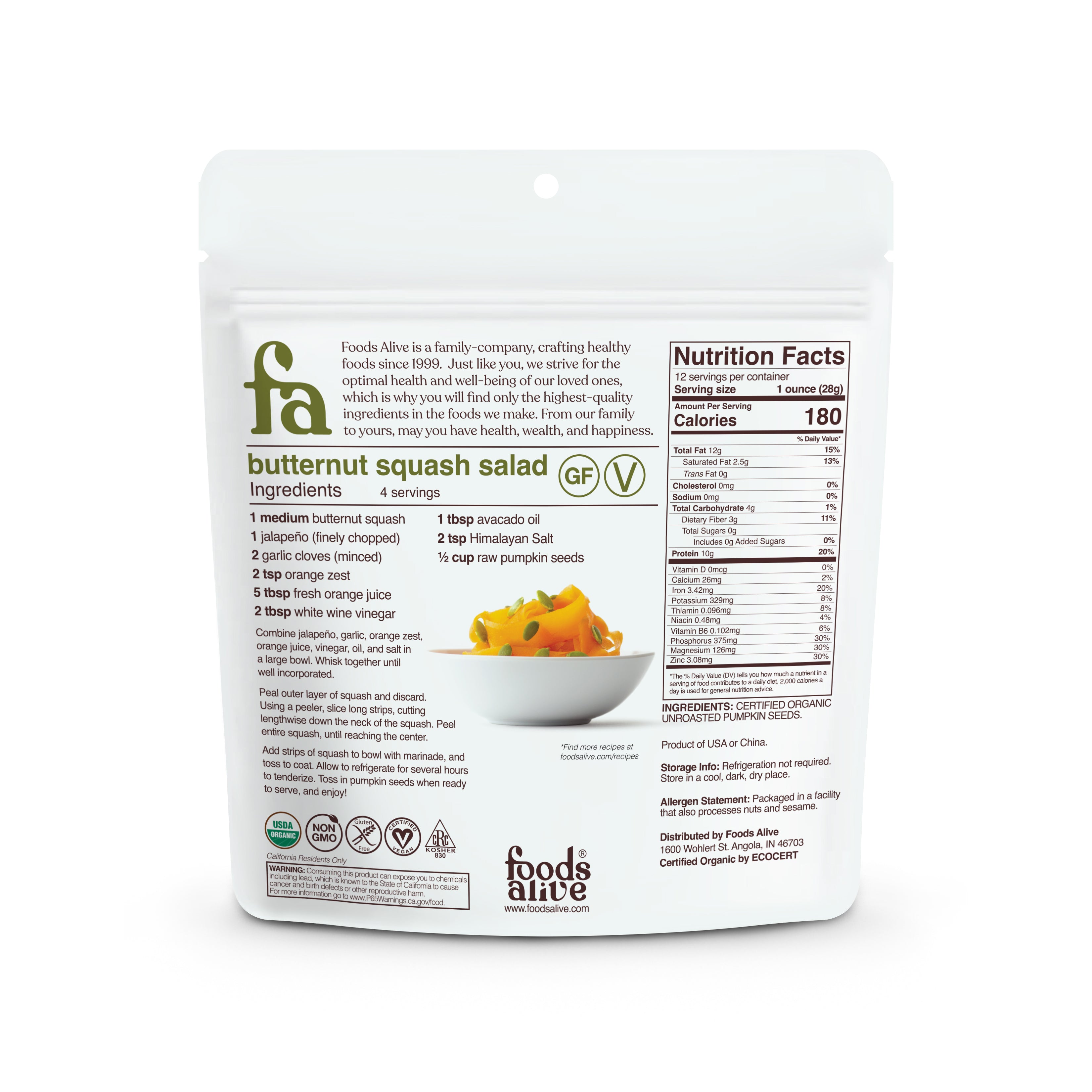 Organic Pumpkin Seeds - 12oz - Back - Foods Alive