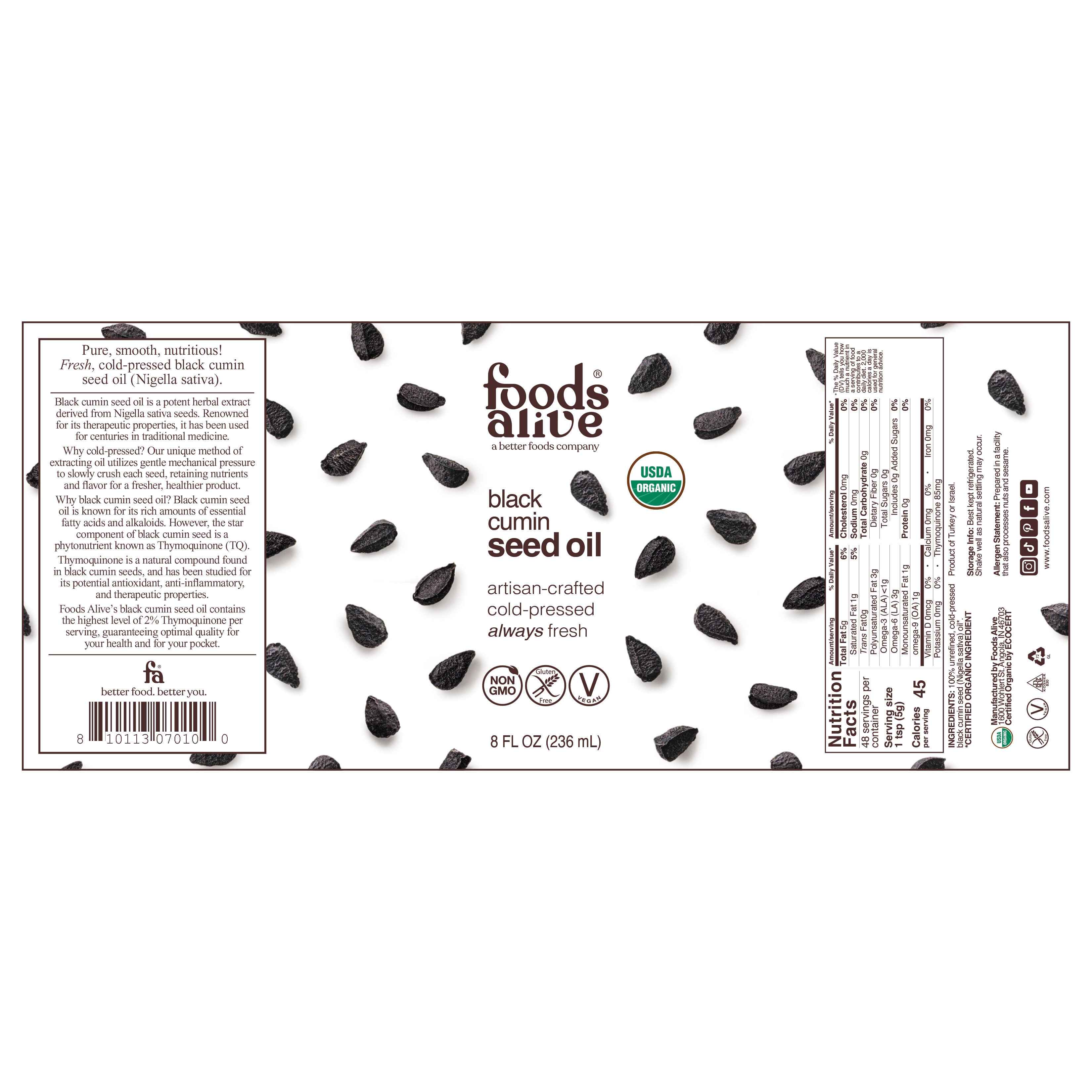 Organic Cold-Pressed Black Cumin Seed Oil 8oz Glass Bottle Label - Foods Alive,