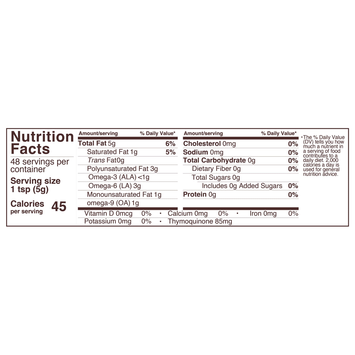 Organic Cold-Pressed Black Cumin Seed Oil 8oz Glass Bottle Nutritional Panel - Foods Alive,