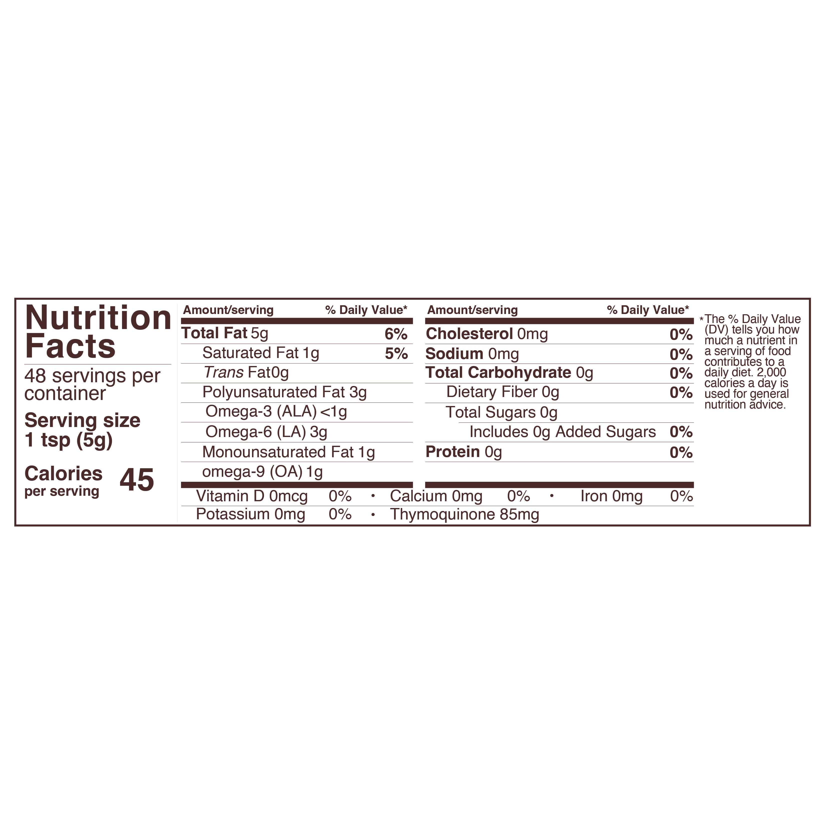 Organic Cold-Pressed Black Cumin Seed Oil 8oz Glass Bottle Nutritional Panel - Foods Alive,