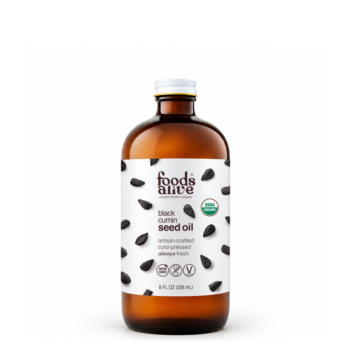 Foods Alive Organic Black Cumin Seed Oil in an 8 oz amber glass bottle with a white label featuring black cumin seeds.