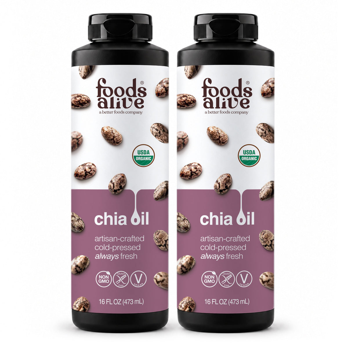Foods Alive Organic Cold-Pressed Chia Oil 16 oz 2-pack, two black plastic bottles with purple chia seed labels.