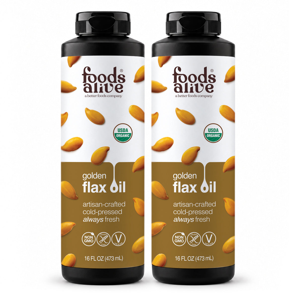 Foods Alive Organic Cold-Pressed Golden Flax Oil 16 oz 2-pack, two black plastic bottles with black caps and gold labels featuring golden flaxseeds.
