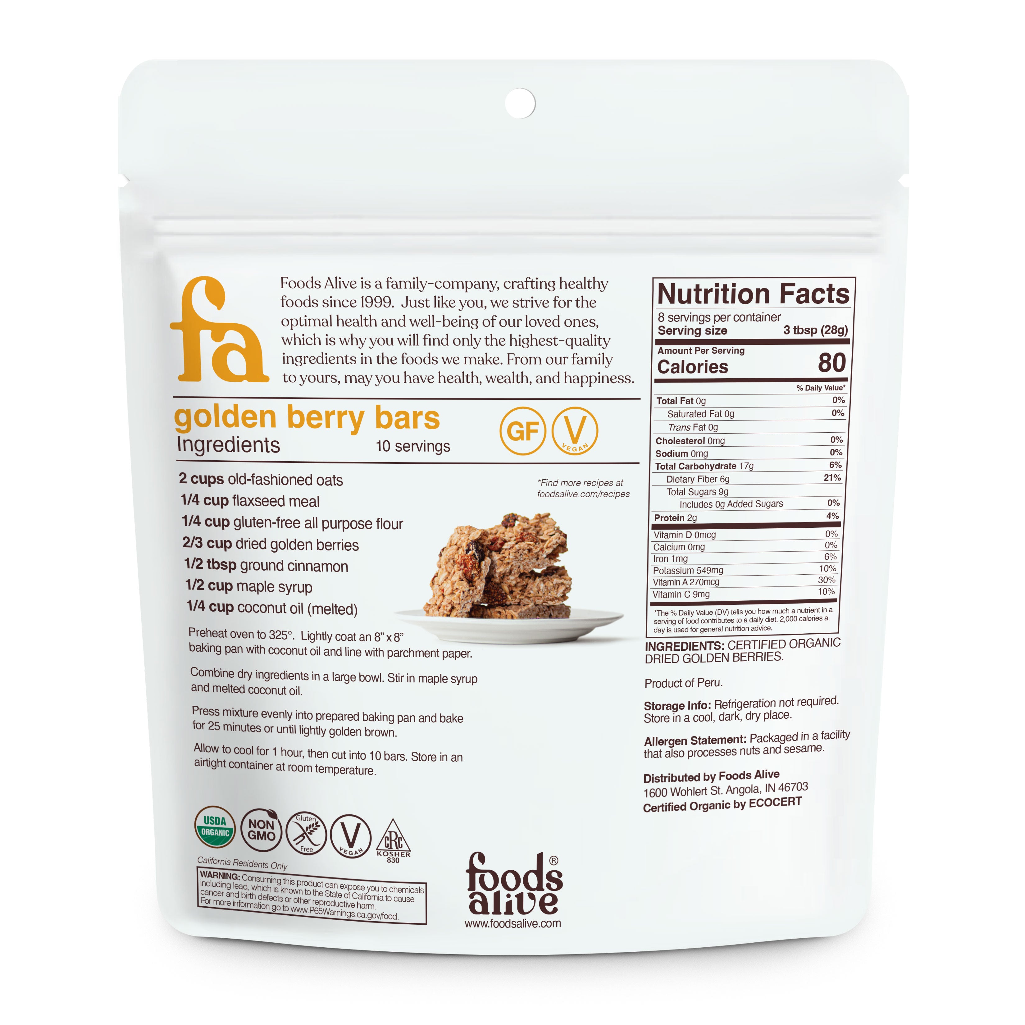 Organic Golden Berries 8oz - Back - Foods Alive,