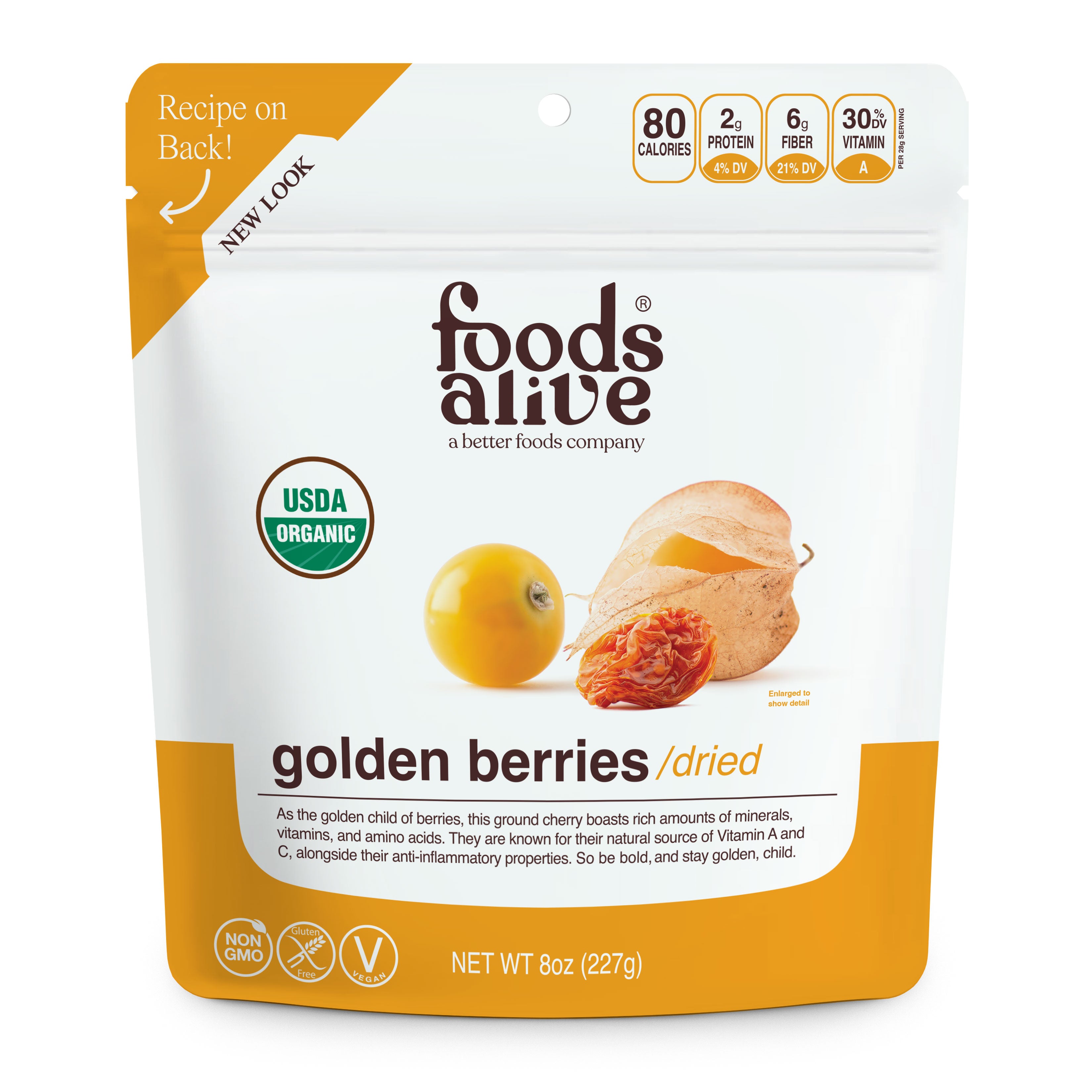 Organic Golden Berries 8oz - Front - Foods Alive,