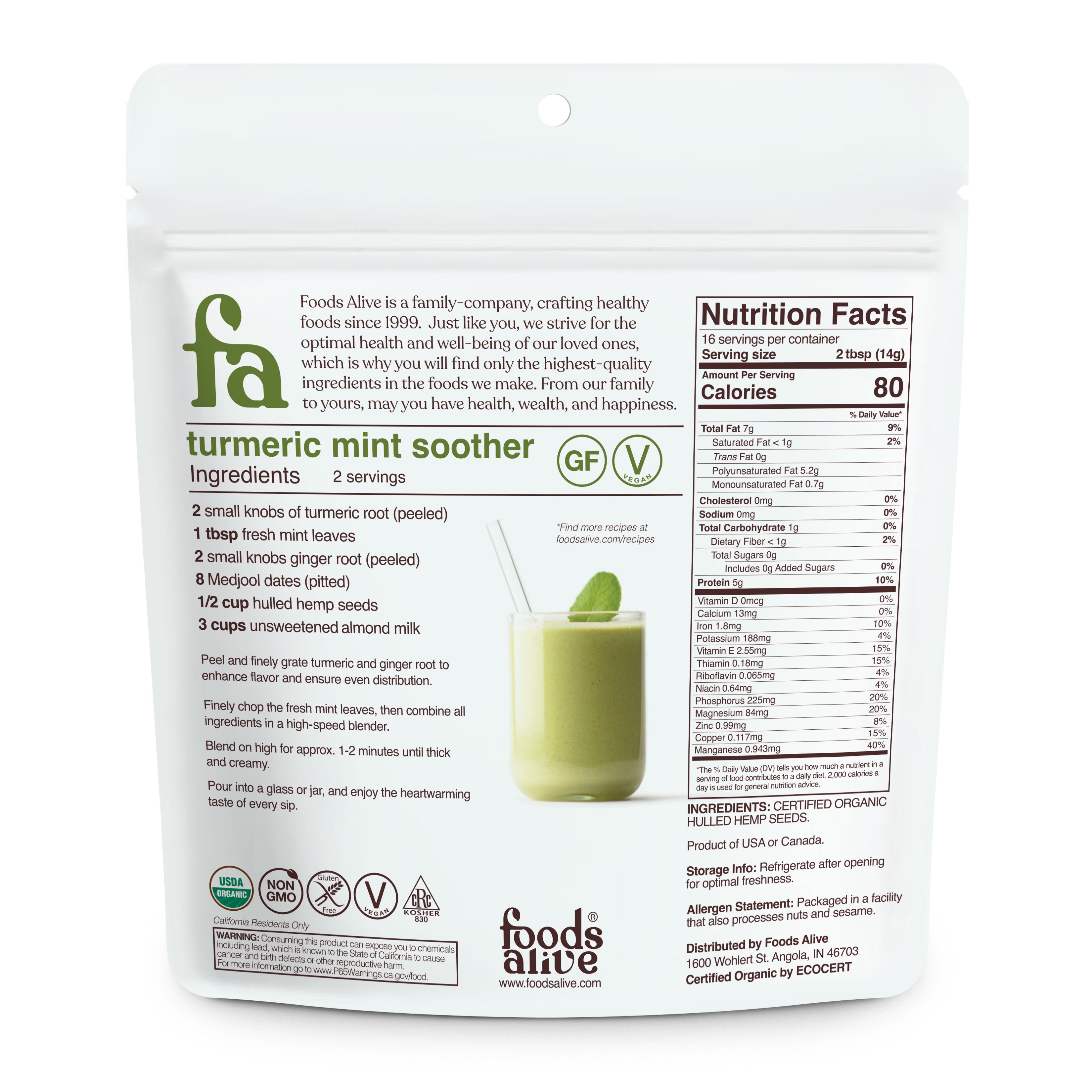 Foods Alive - Organic Hulled Hemp Seeds - 8 oz,
