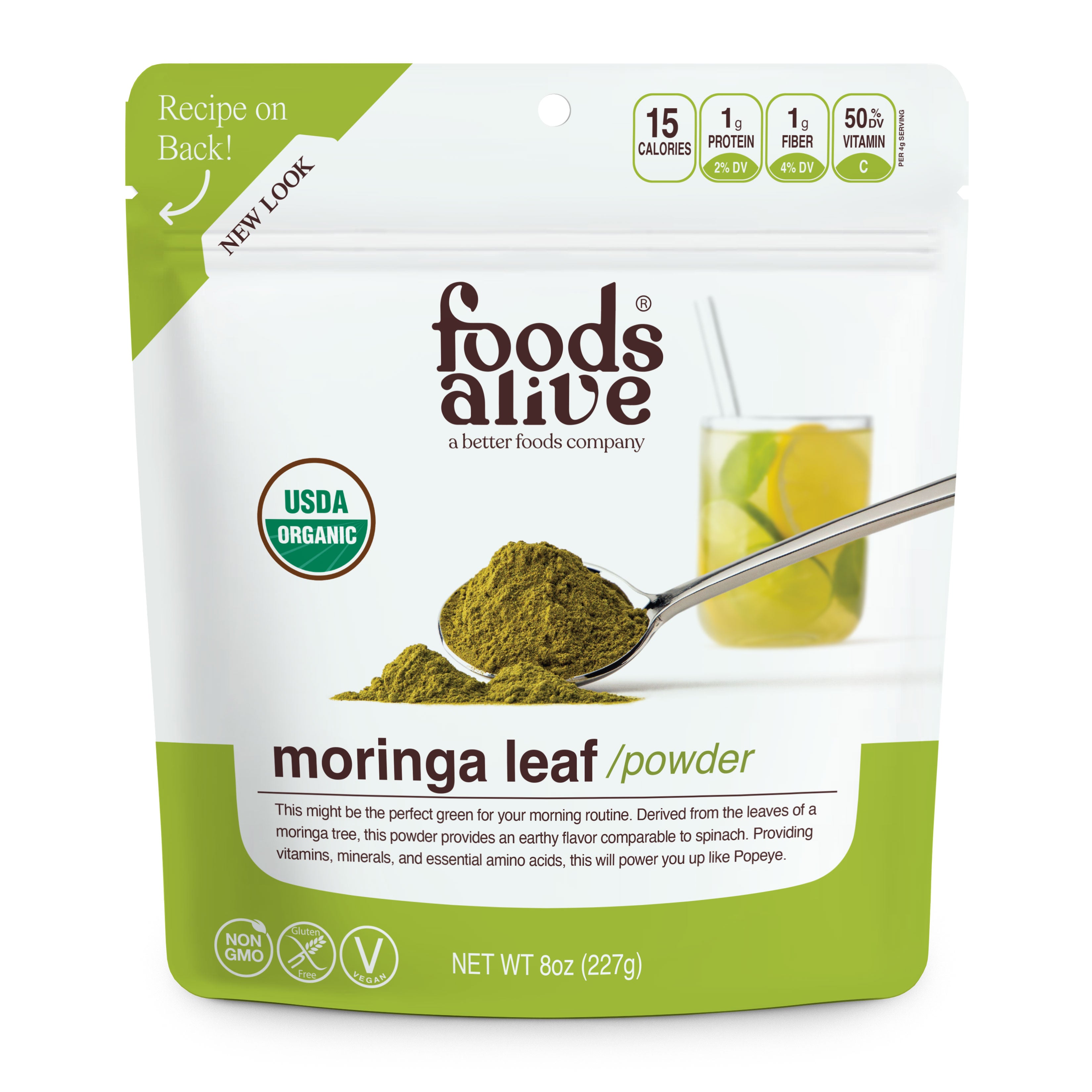 Organic Raw Moringa Leaf Powder - Nutrient-Dense Food - Foods Alive - Front