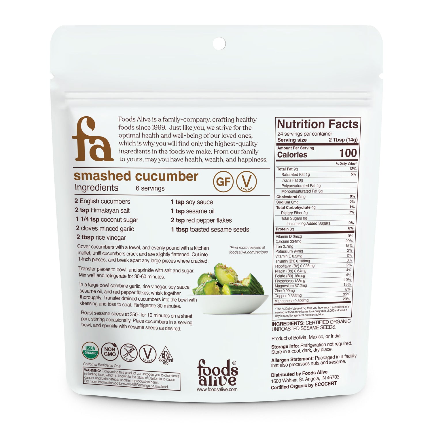 Organic Natural Sesame Seeds - 12oz - Front - Foods Alive,