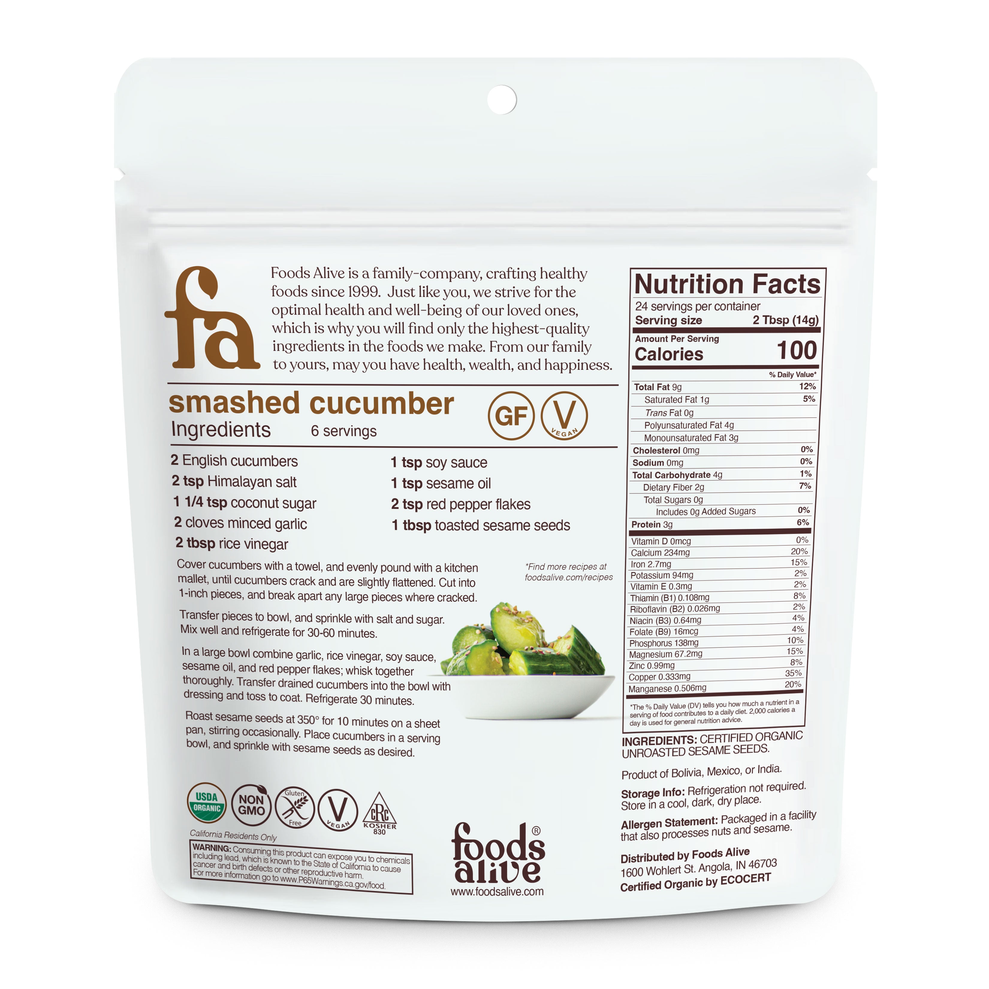 Organic Natural Sesame Seeds - 12oz - Front - Foods Alive,