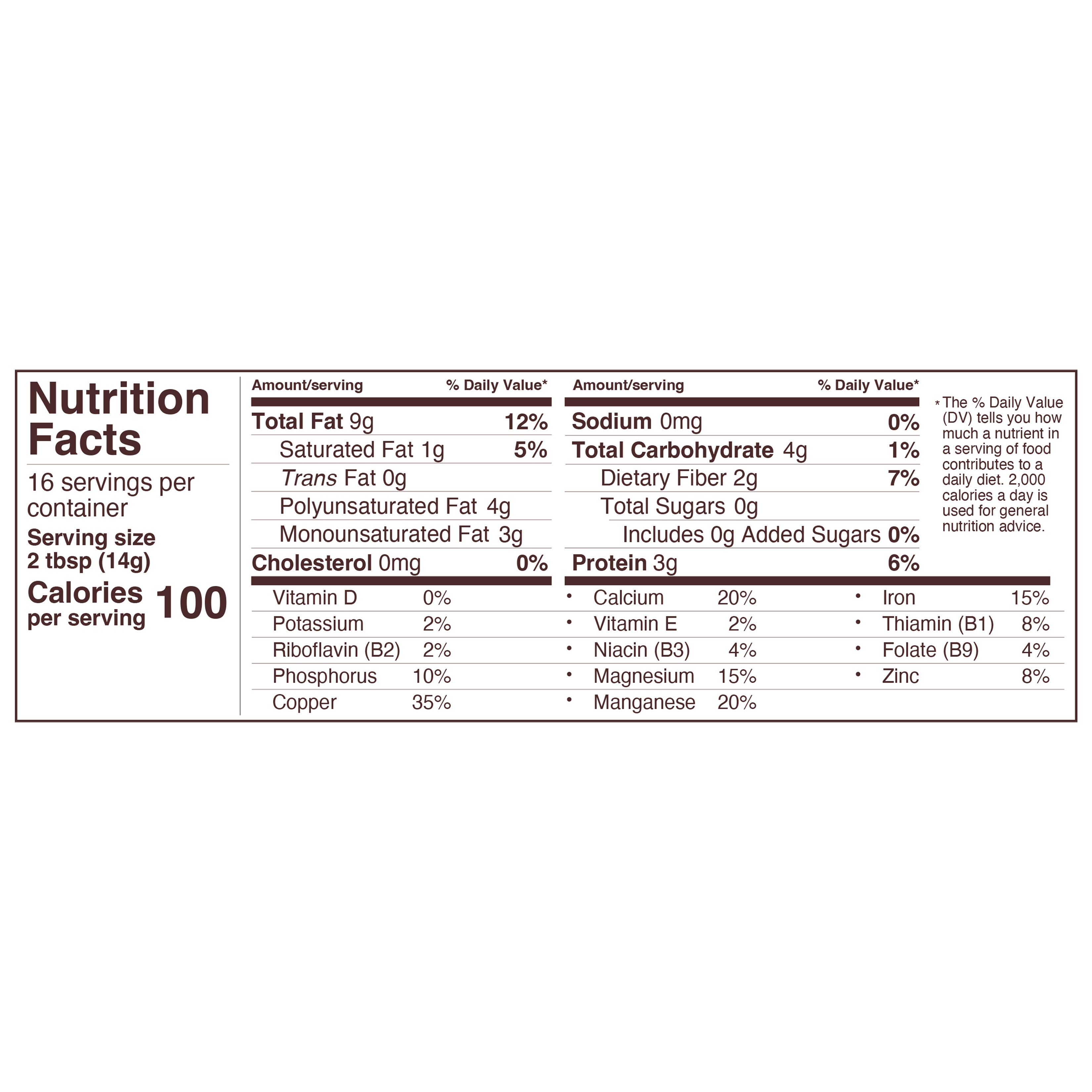 organic natural sesame / seed nutritional panel